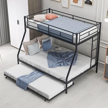 Metal Bunk Beds Twin Over Full Size with Two-Side Ladder and Twin Size Trundle,Heavy Duty Sturdy Steel Bed Frame for Boys Girls Adults,No Box Spring Needed Black#Twin/Full