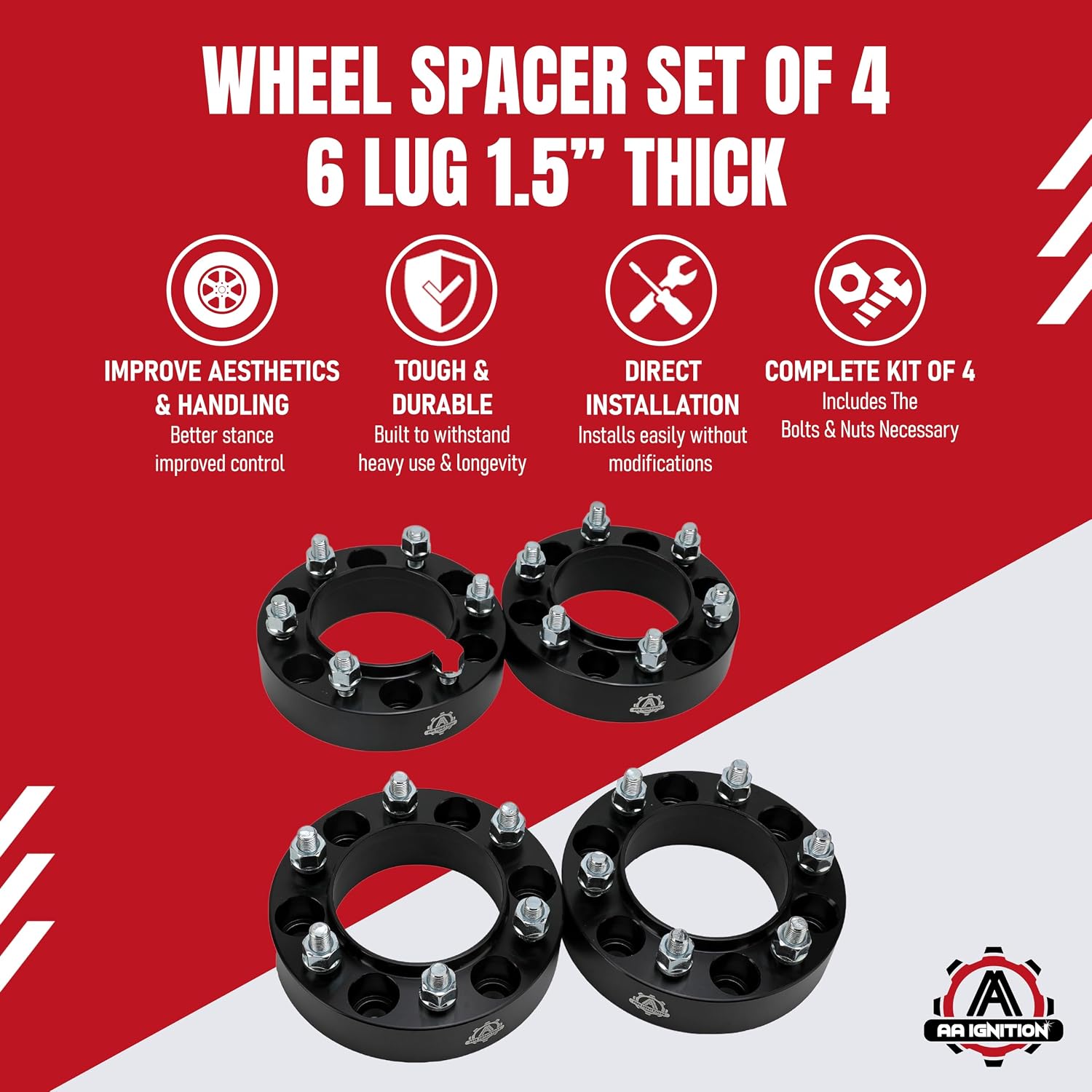 AA Ignition Wheel Spacer Set of 4-6 Lug 1.5 inch 38mm Hub Centric 6x5.5 - Compatible with Toyota Vehicles - 1996-2018 4Runner, 01-07 Sequoia, 2001-18 Tacoma, 00-06 Tundra, FJ Cruiser - 6x139.7mm
