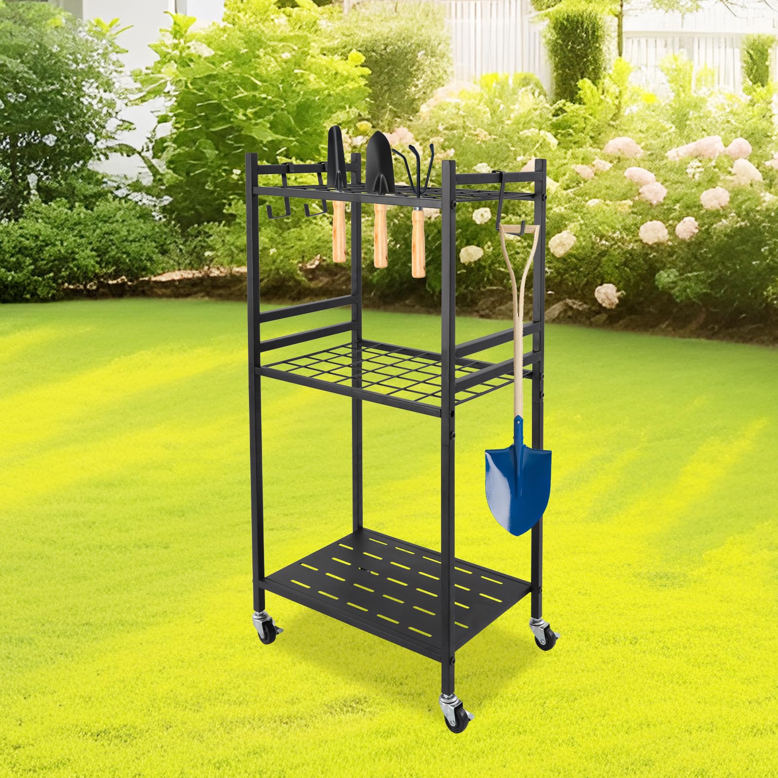 Supporto per attrezzi da giardino, in metallo, per attrezzi da giardino, 43 x 30 x 79,5 cm, con ruote per giardino e garage