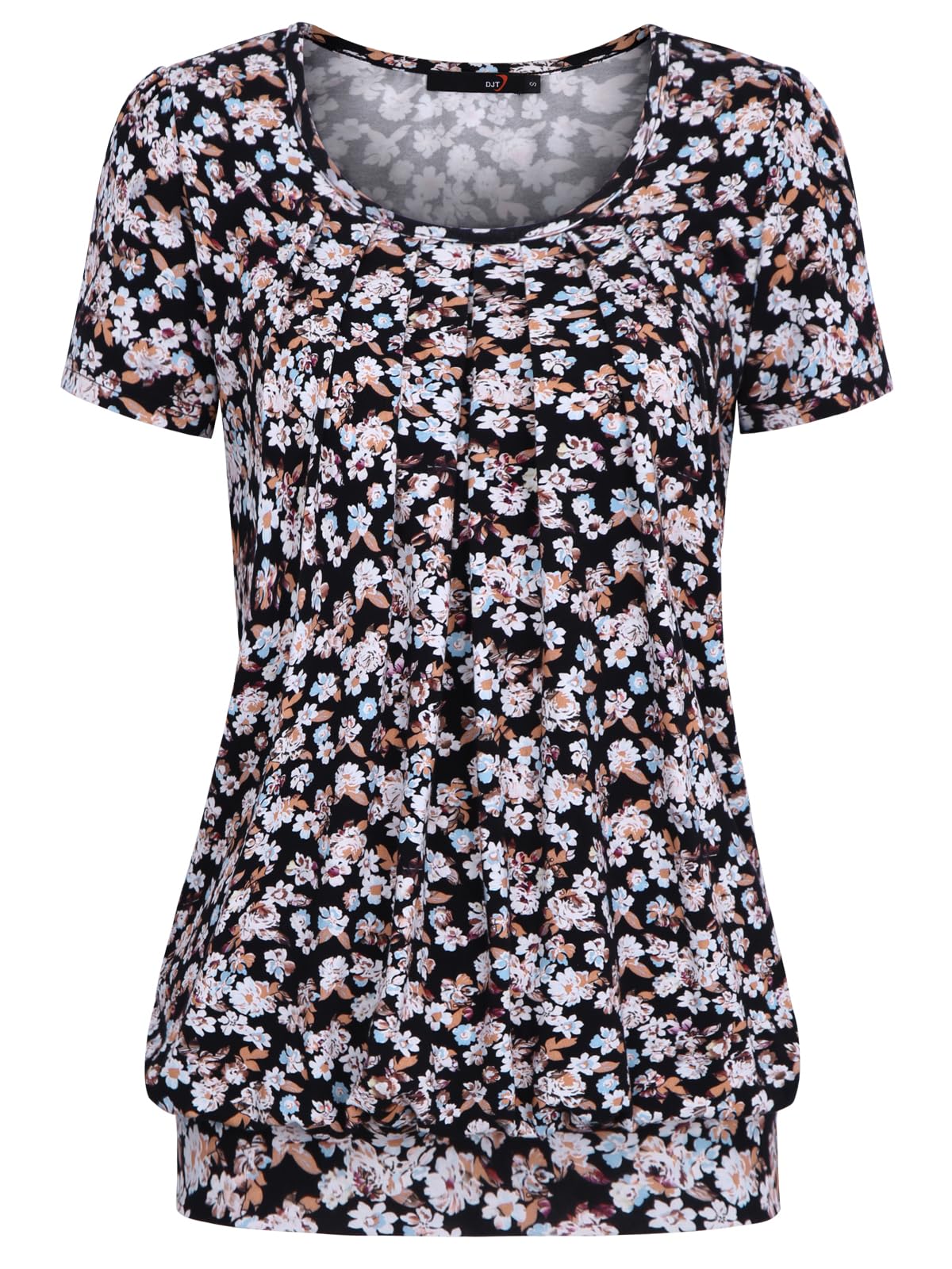 DJT Damen T-Shirt Sommer Oberteile Rundhals Falten Kurzarm Print Bluse Basic Shirt Tunika Tee Tops