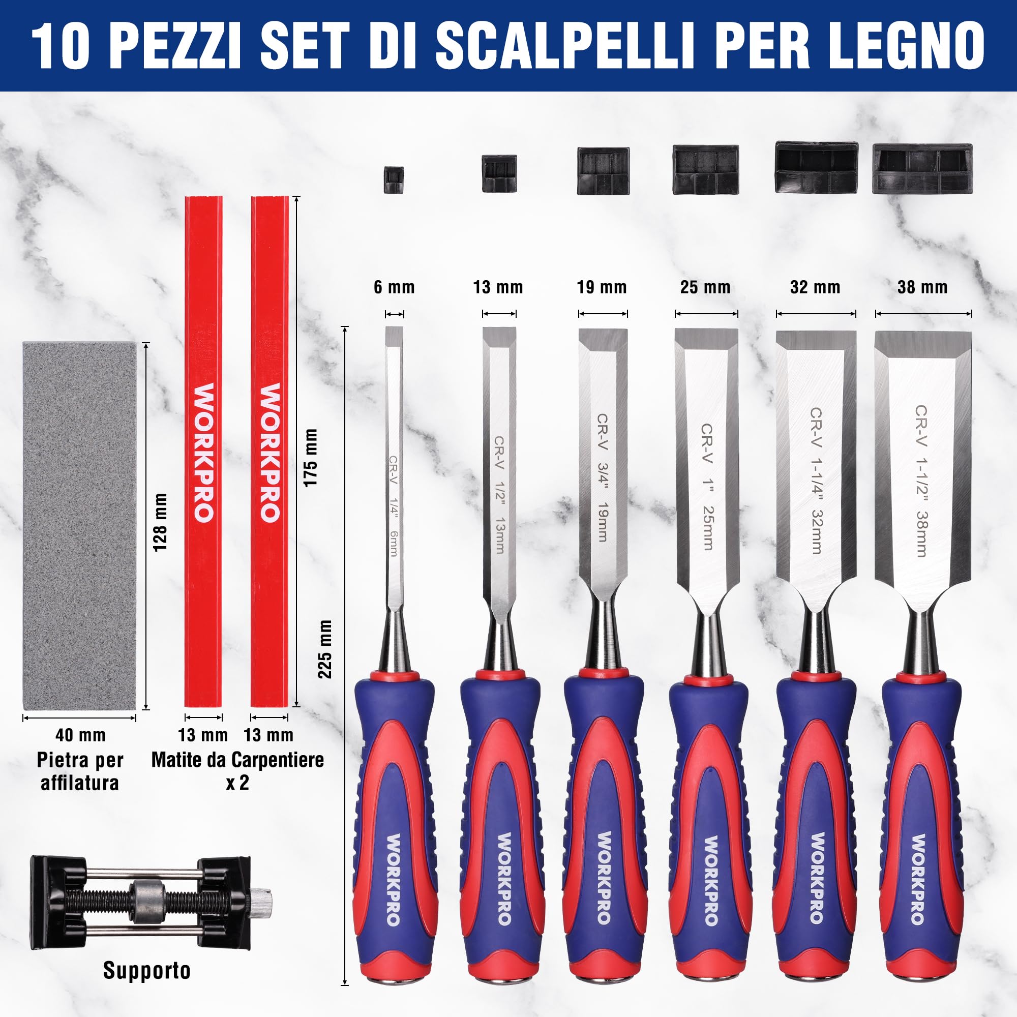WORKPRO Set Scalpelli per Legno Professionale da 10 Pezzi, con Custodia, 6 Scalpelli (6/13/19/25/32/38 mm) in Acciaio Cr-V, Pietra per Affilare, 2 Matite, Sgorbie per Lavori in Legno