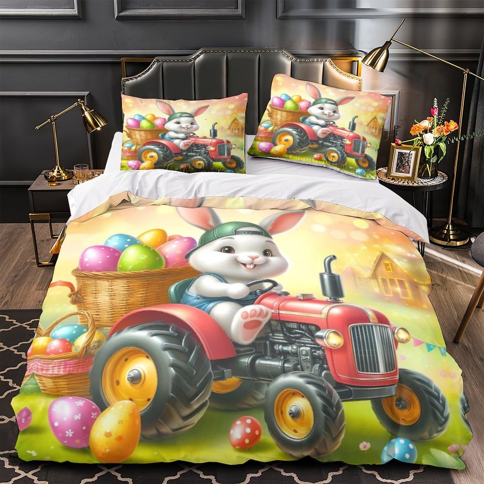 Housse de couette lapin tracteur parure lit microfibre 140x200 fermeture éclair