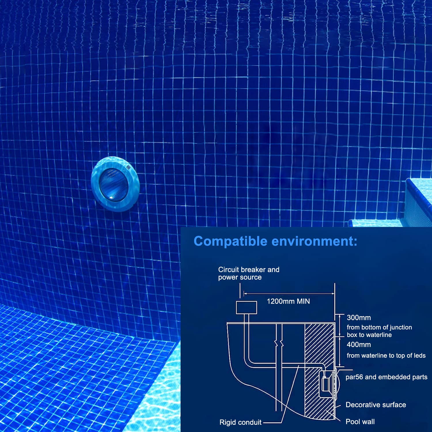LED Proyector piscina Par56, iluminación de resina 20W 6000K, lámpara submarina IP68 PC, AC/DC 12V