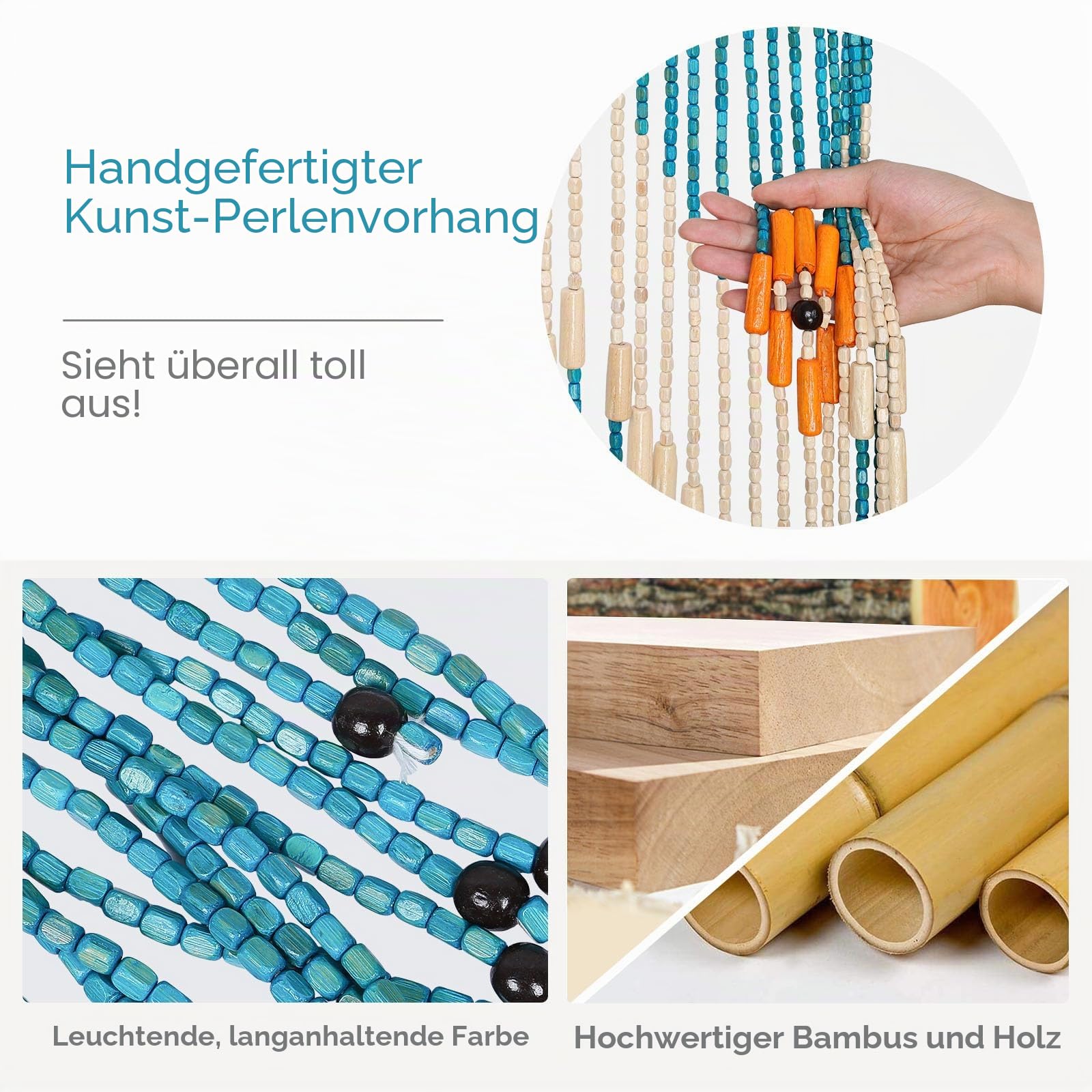 BECHAEO Perlenvorhang für Tür, handgefertigt, Bambus, Holztürperlen, hängende Raumteiler, Hippie-Vorhang für Flur, Fenster, Boho, rustikal, Heim-Shop-Dekor, 80 x 190 cm, Blau