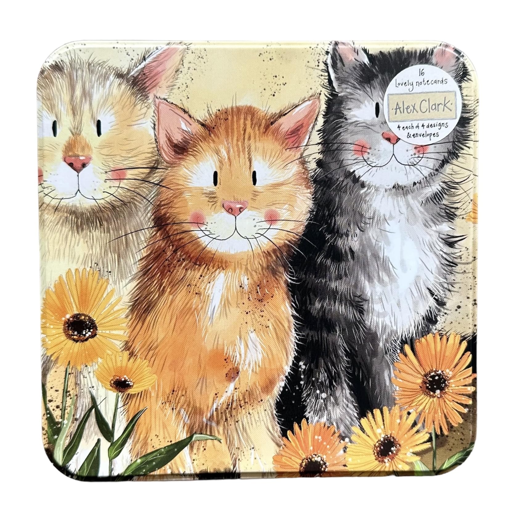 Alex Clark Cats Notecards Tin - Animals and Flowers blank greeting cards - decorative storage tin - cat lover gifts - note writing and stationery sets