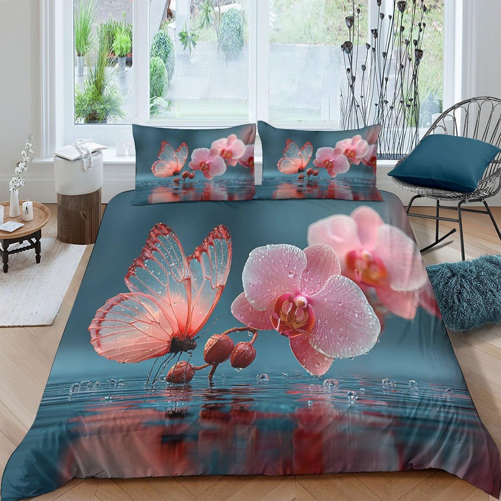 Ctjqhvkz Style-6 3D Printed Butterfly Blossom Fitted Sheet Microfiber Soft Pink Orchid Bed Cover For Bedroom Guest Room Décor Single（135X200cm）