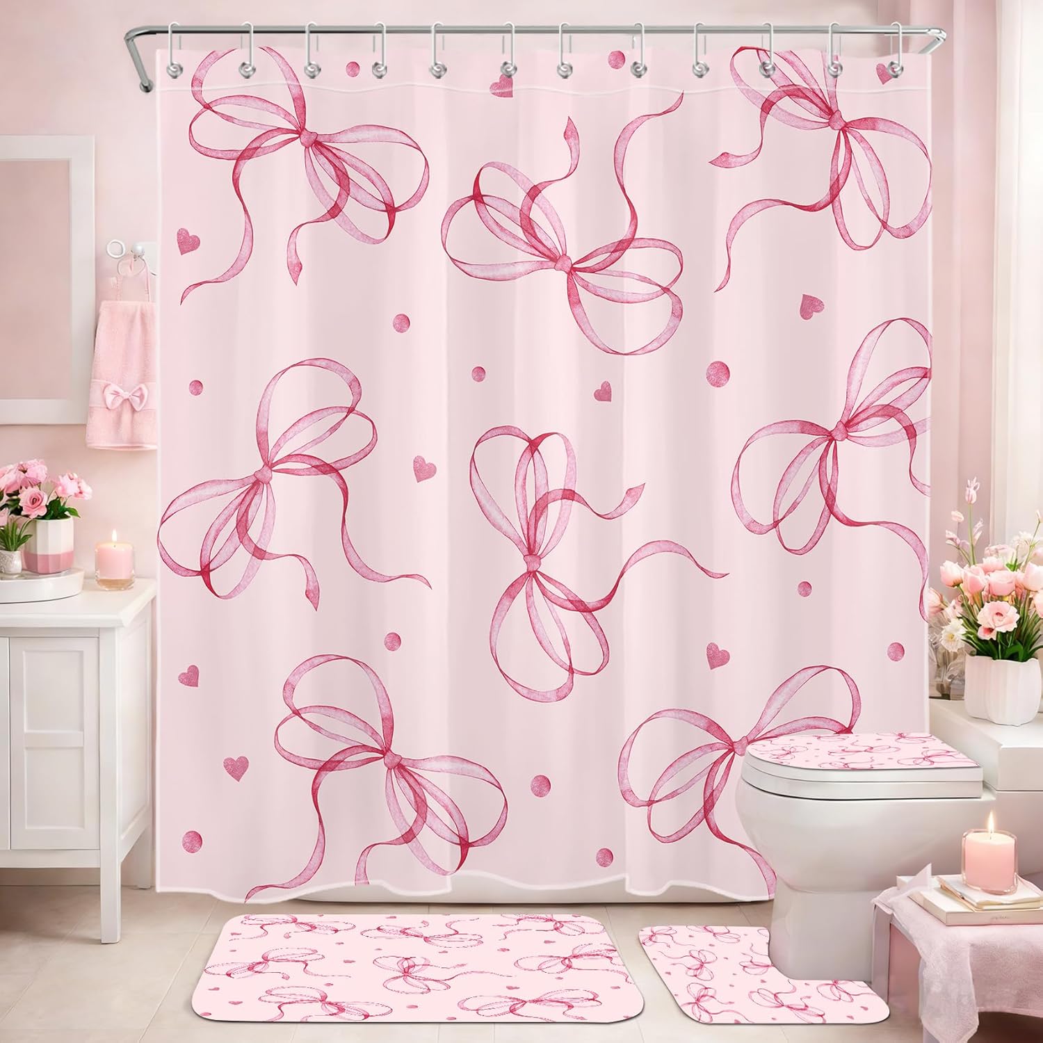 4 Pcs Purple Floral Bathroom Sets with Shower Curtain and Rugs Blue Flower Butterfly Leaf Plant on White Shower Curtain with Bathroom Carpet and Bath Mat Toilet Seat Set, 72x72 Inches