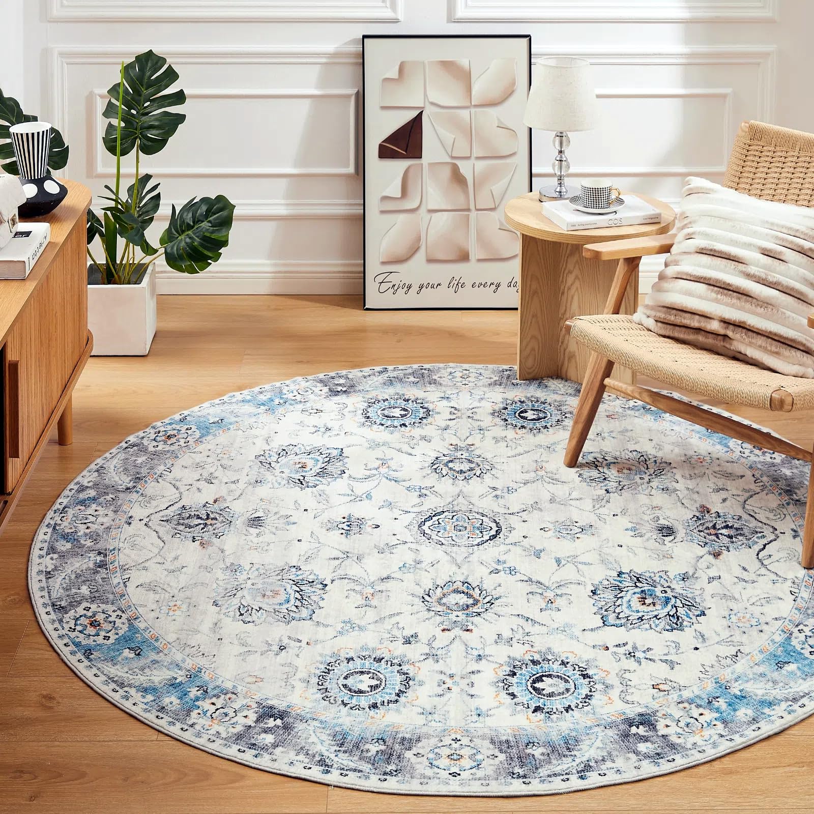 Floralux Round Rug, 4ft Washable Circle Rug, Non Slip Low Pile Washable Rugs for Entryway Vintage Soft Throw Rug, Indoor Round Carpet for Kitchen Bedroom Nursery ((4ft-Round,Beige),similar