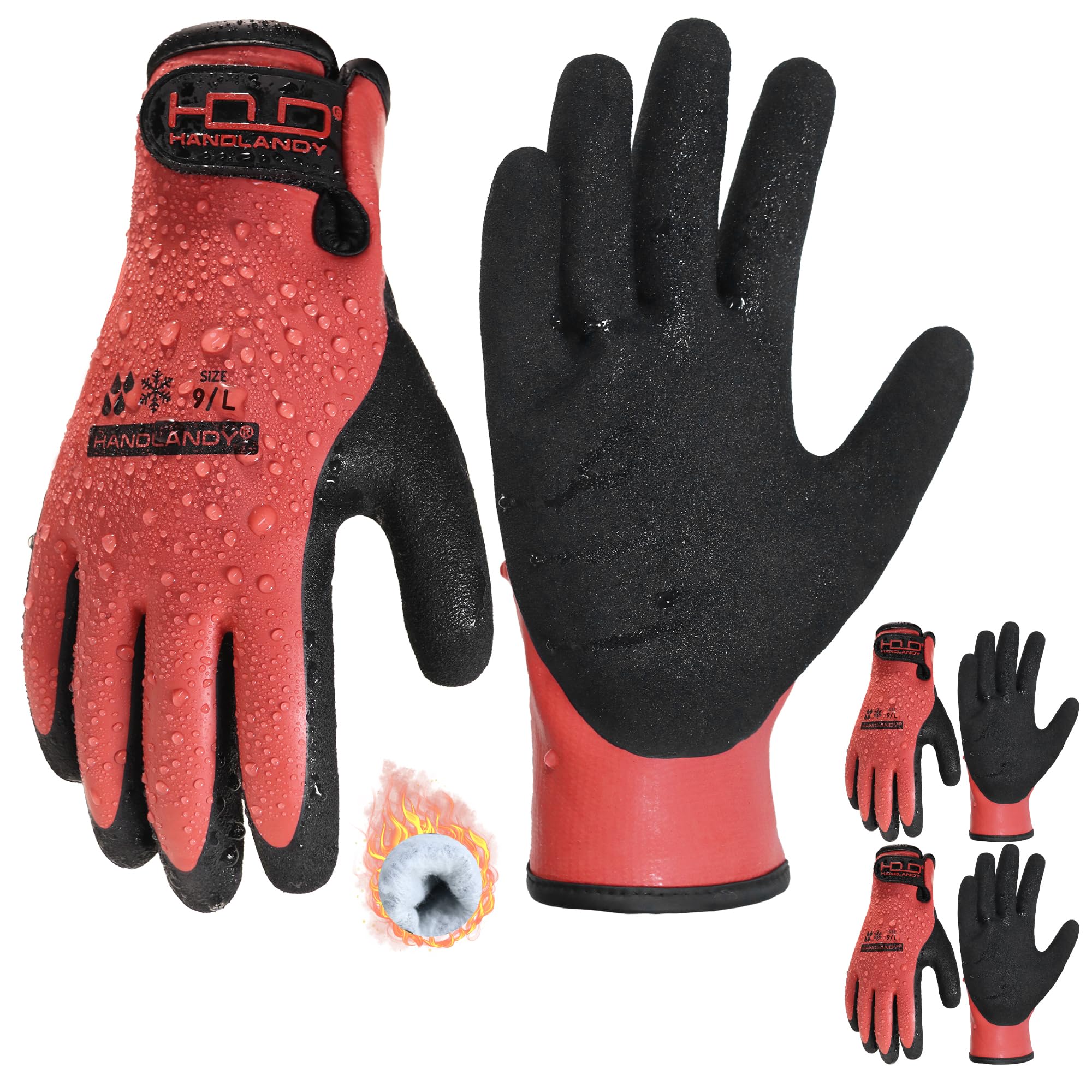 HANDLANDY 2 Pairs Winter Waterproof Work Gloves, Thermal Insulated Cold Weather Gloves with Grip for Men Women, for Freezer Fishing Warehouse (Black-Red, L)