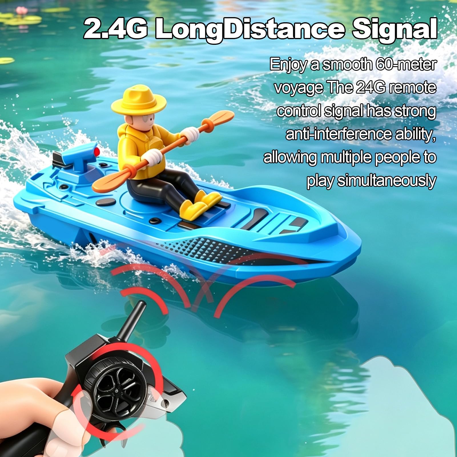 Barca radiocomandata da kayak radiocomandata, 2,4 GHz, con interruttore di sicurezza attivato ad acqua, modalità a doppia velocità per piscina, lago, laghetto, facile da usare (blu)