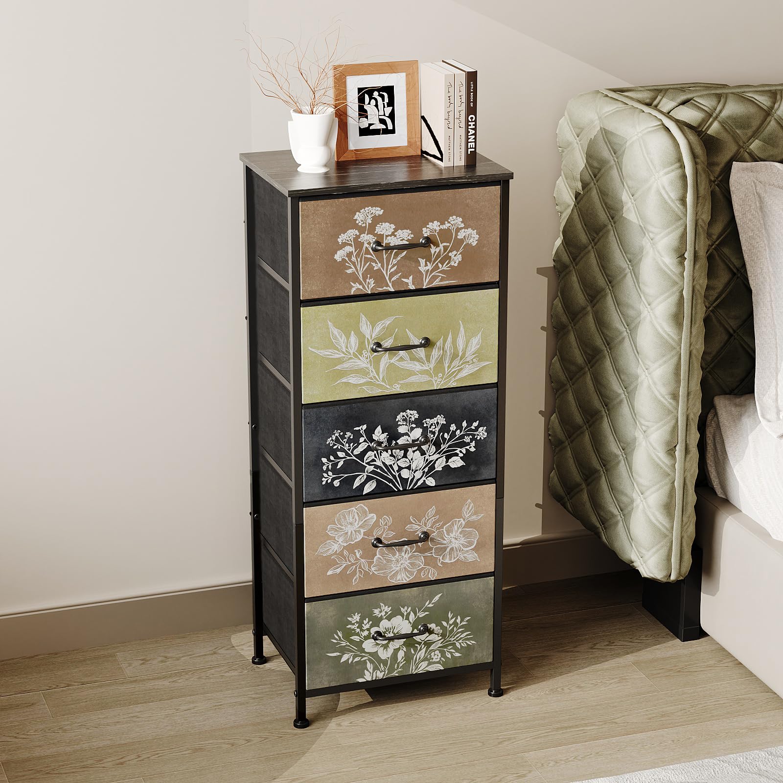 Cajonera de tela con 5 cajones de tela con diseño floral para dormitorio, sala de estar, habitación infantil y pasillo