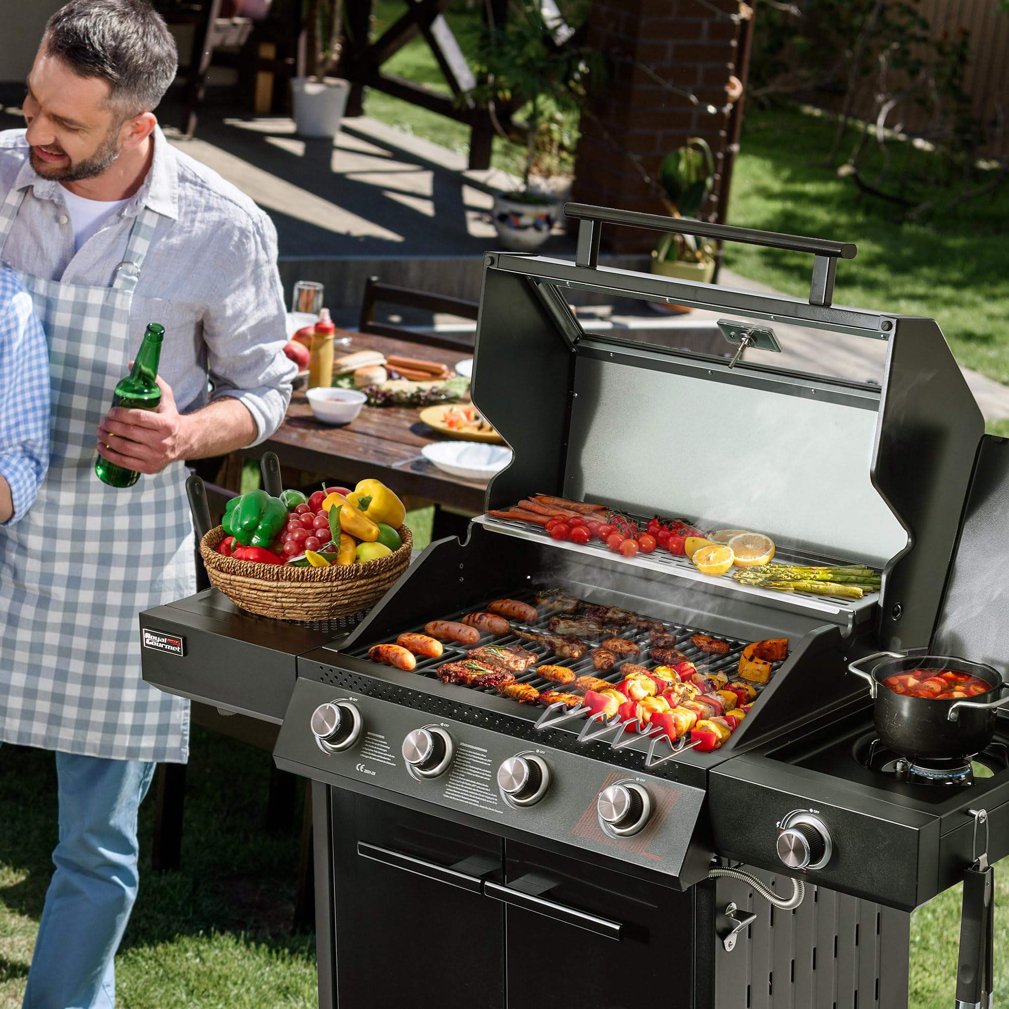 Royal Gourmet 4+1 Brenner Gasgrill Outdoor Gas Grillwagen mit Sichtfenster, Unterschrank, 15,5 kW Campinggrill mit Power-Zonen