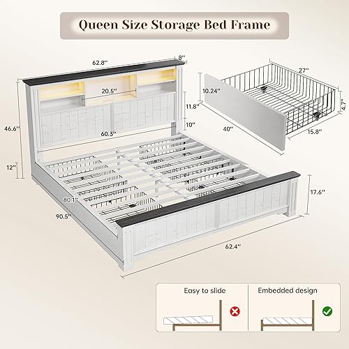 Miniatura 2 de EnHomee Base de cama Queen con cabecera y almacenamiento, 4 cajones y estación de carga LED integrada, marco de cama tamaño Queen con almacenamiento