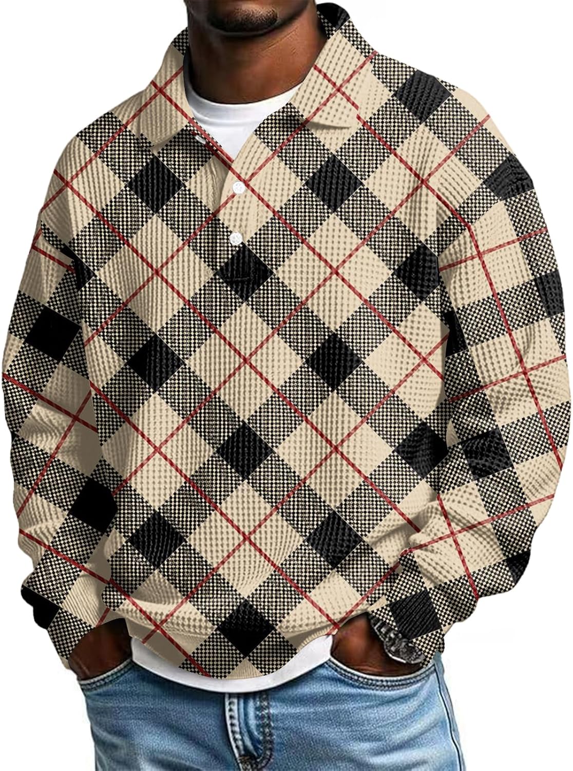 Ymosrh Men's Casual Plaid Print Polo Shirts Long Sleeve Dress Business Golf Work Collar Shirt, S-5XL