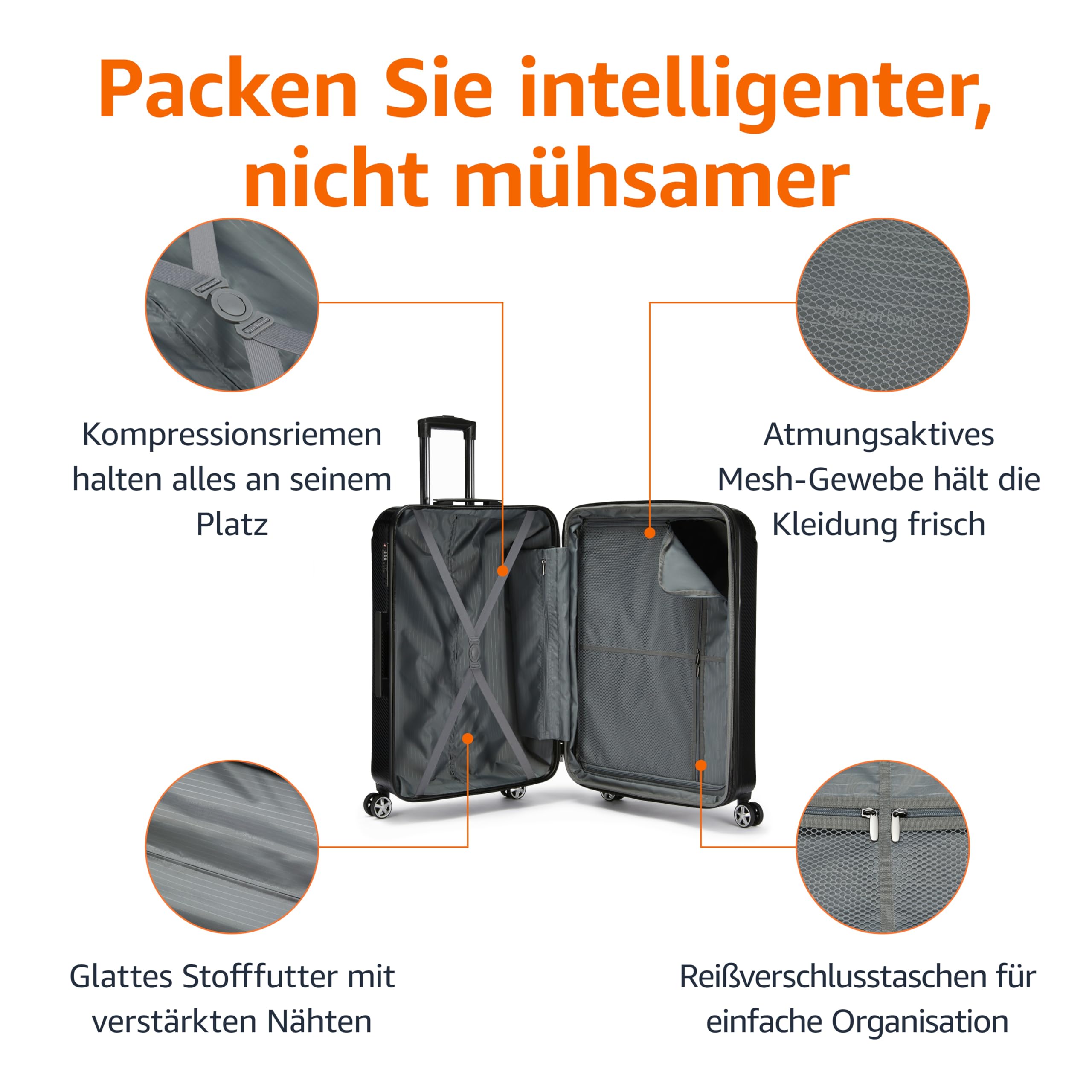 Amazon Basics Hartschalenkoffer, großer Koffer mit Rollen, Oxford Spinner mit TSA-Schloss, vier Rollrädern und kratzfester Oberfläche, 76 cm, schwarz