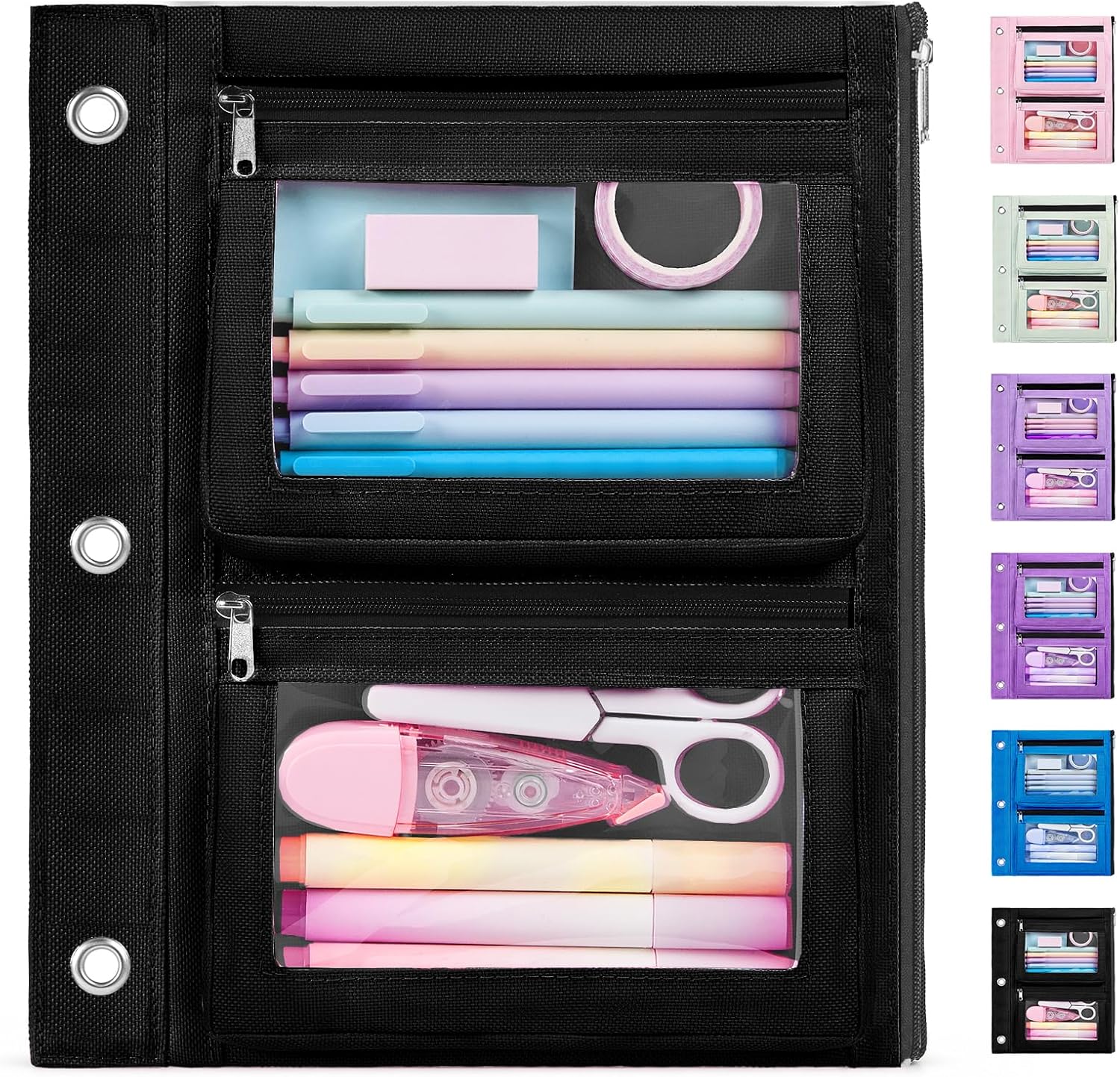 Forvencer Pencil Pouch for 3 Ring Binder, 3-Pocket Zipper Pouch with 2 Front Expandable Pockets, Large Pencil Case with Clear Windows, Storage Organizer for School Supplies, Cables, Makeup, Black