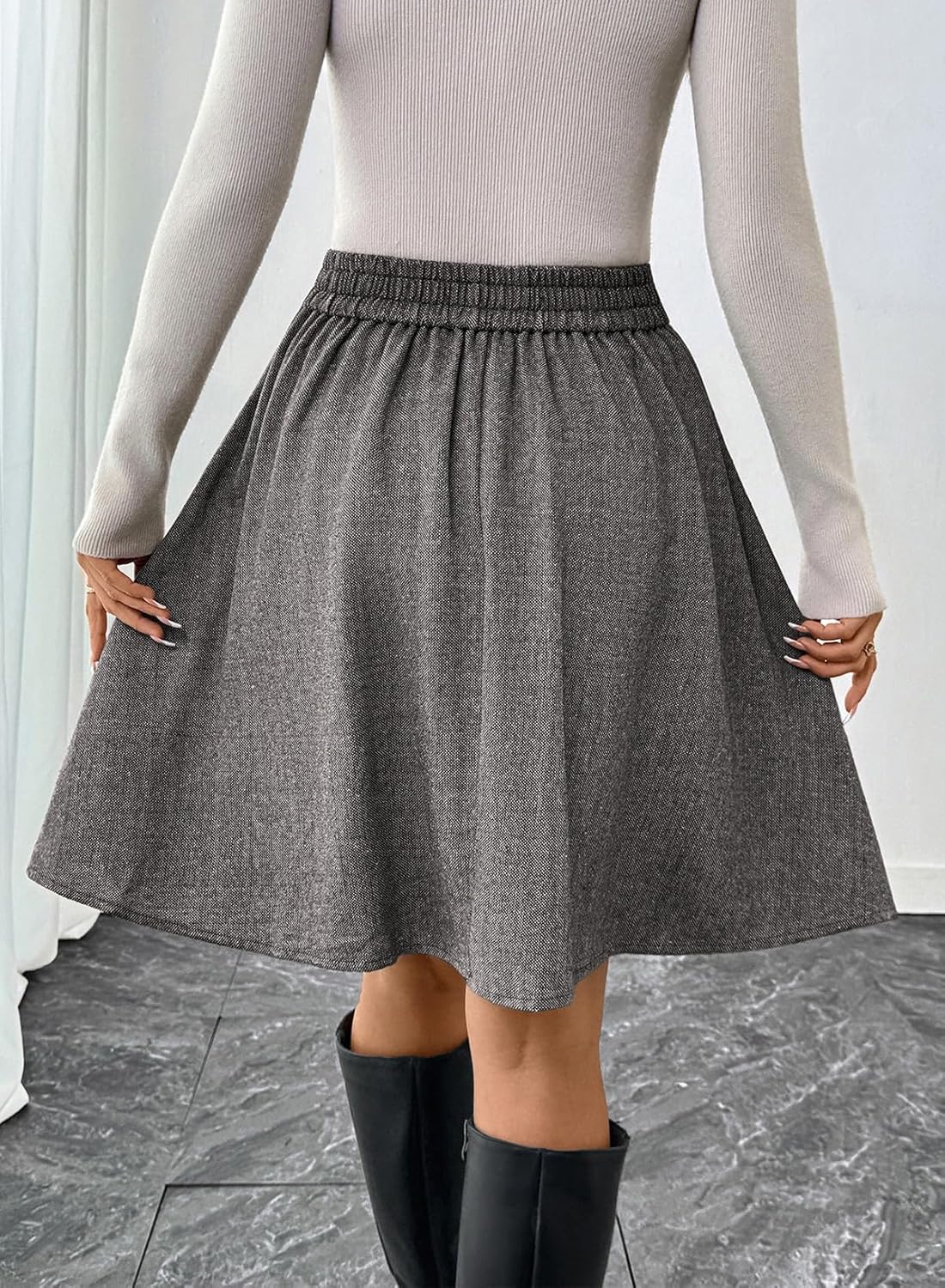 Happy Sailed Womens Winter Fall Tweed High Waisted Flared Mini Skater Skirt A Line Pleated Midi Skirts - Image 5