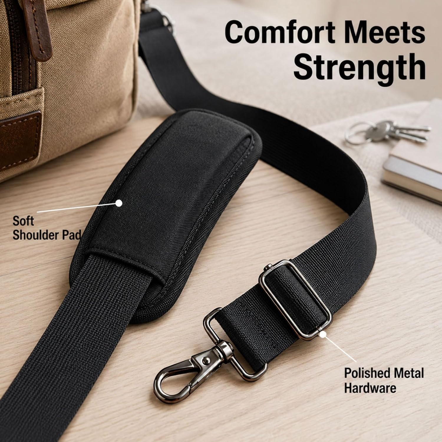 35-63 Inch Adjustable Duffel Bag Strap, Non-Slip Padded Replacement Shoulder Strap with Metal Swivel Hooks for Crossbody Bags, Briefcases & Luggage