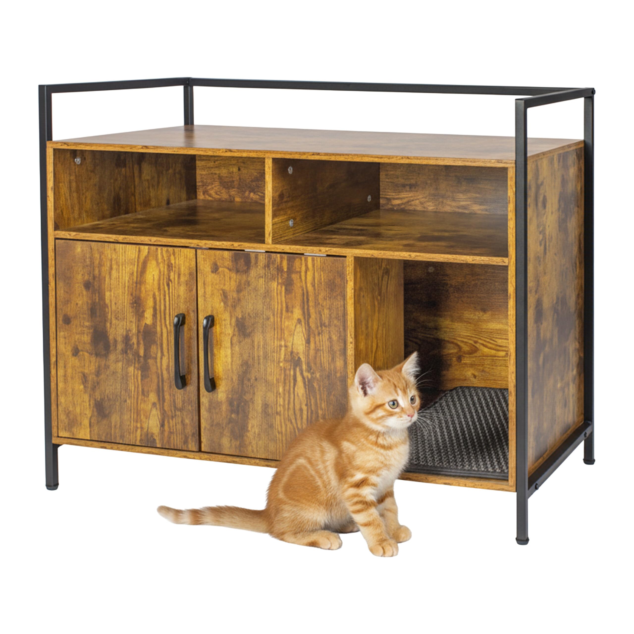 Relaxdays Mueble arenero con Alfombrilla y almacenaje, 74x90x45 cm, caseta para Gatos, marrón/Negro