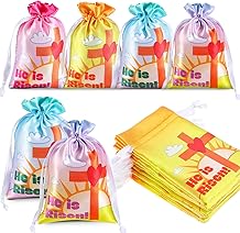 36 Pcs Religious Easter Gift Bag He Is Risen Treat Bags 4 x 6 Inch Satin Drawstring Bags Easter Christian Candy Goodie Bags for Church Sunday School Happy Easter Party Favor Bags Supplies