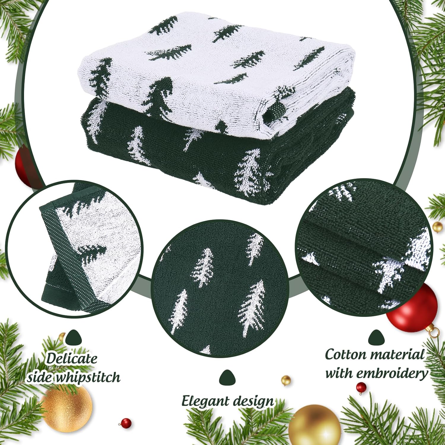JarThenaAMCS 2 Pack Christmas Hand Towels Green White Pine Tree Decorative Towel Xmas Tree Cotton Bathroom Towel for Kitchen Drying Cleaning, 29.5 x 13.7 Inch - Image 3