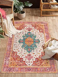 Moynesa Ultra-Thin Washable Vintage Area Rug - 3x5 Boho Girls Bedroom Non-Slip Non-Shedding Oriental Medallion Living Room Mat Indoor Carpet for Office Nursery Room, Pink/Teal/Multi