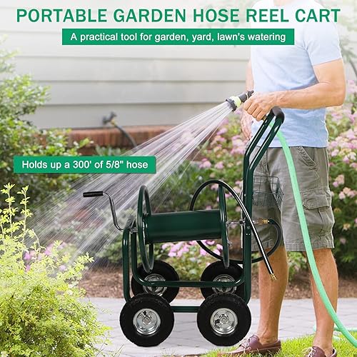 Miniatura 5 de Carrete de manguera de jardín con ruedas, carrete de manguera de agua de 300 pies, 58 pulgadas x 6 pies, carrito de carrete de manguera de metal