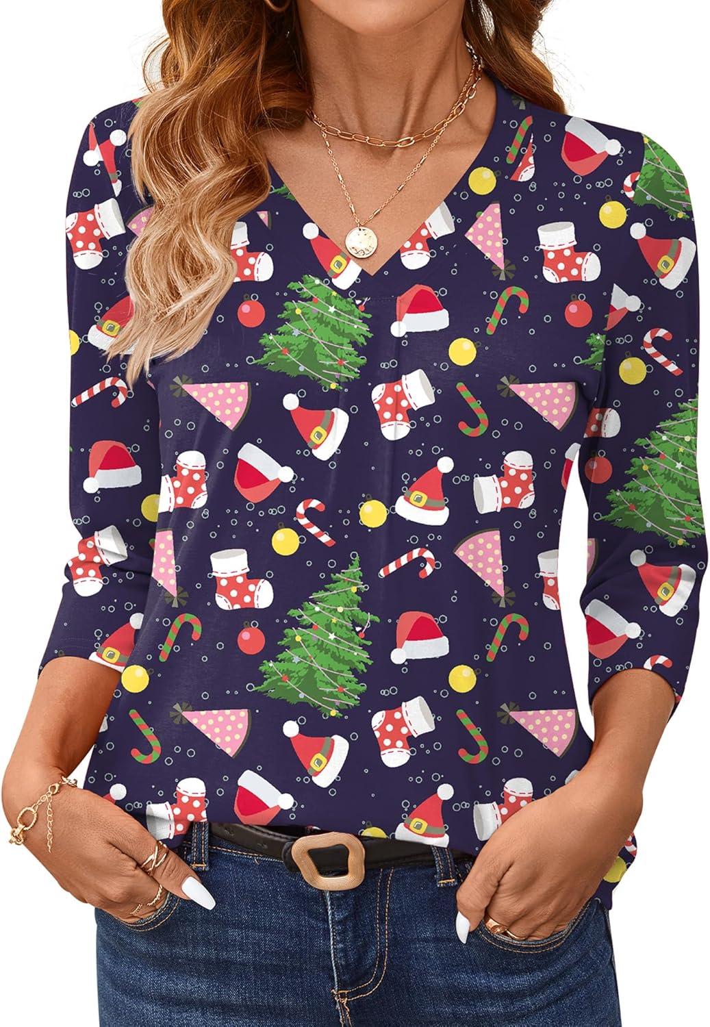 AKEWEI 3/4 Length Sleeve Womens Tops V Neck T Shirts Dressy Casual Pleated Spring Fashion 2026 Work Blouses