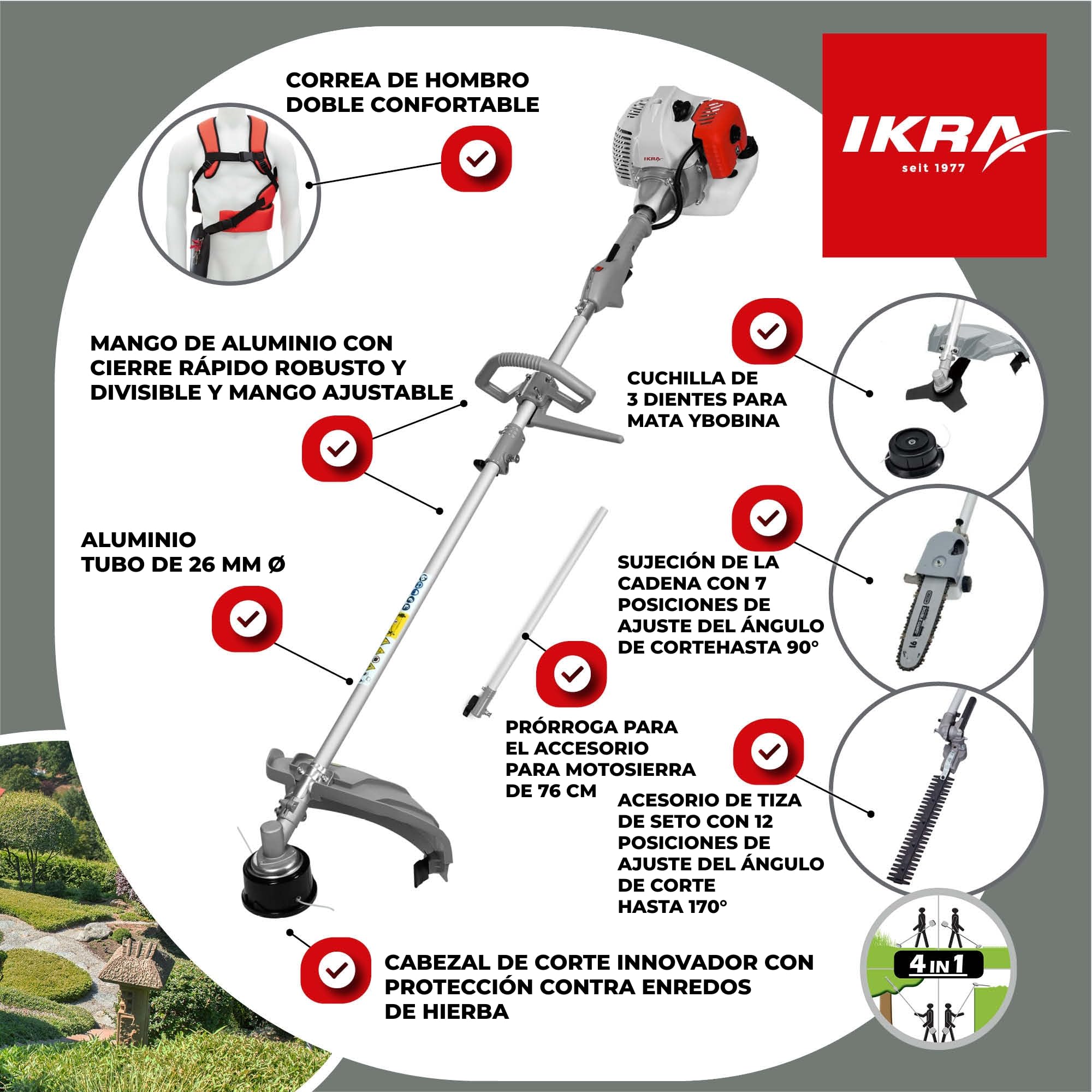 IKRA Herramienta multifunción IKRA IBKH 52-1 Gasolina 4en1, 51,7cm³, 1,5kW | 4 herramientas en una: desbrozadora, cortabordes, cortasetos y podadora, motor de 2 tiempos y sistema de arranque fácil