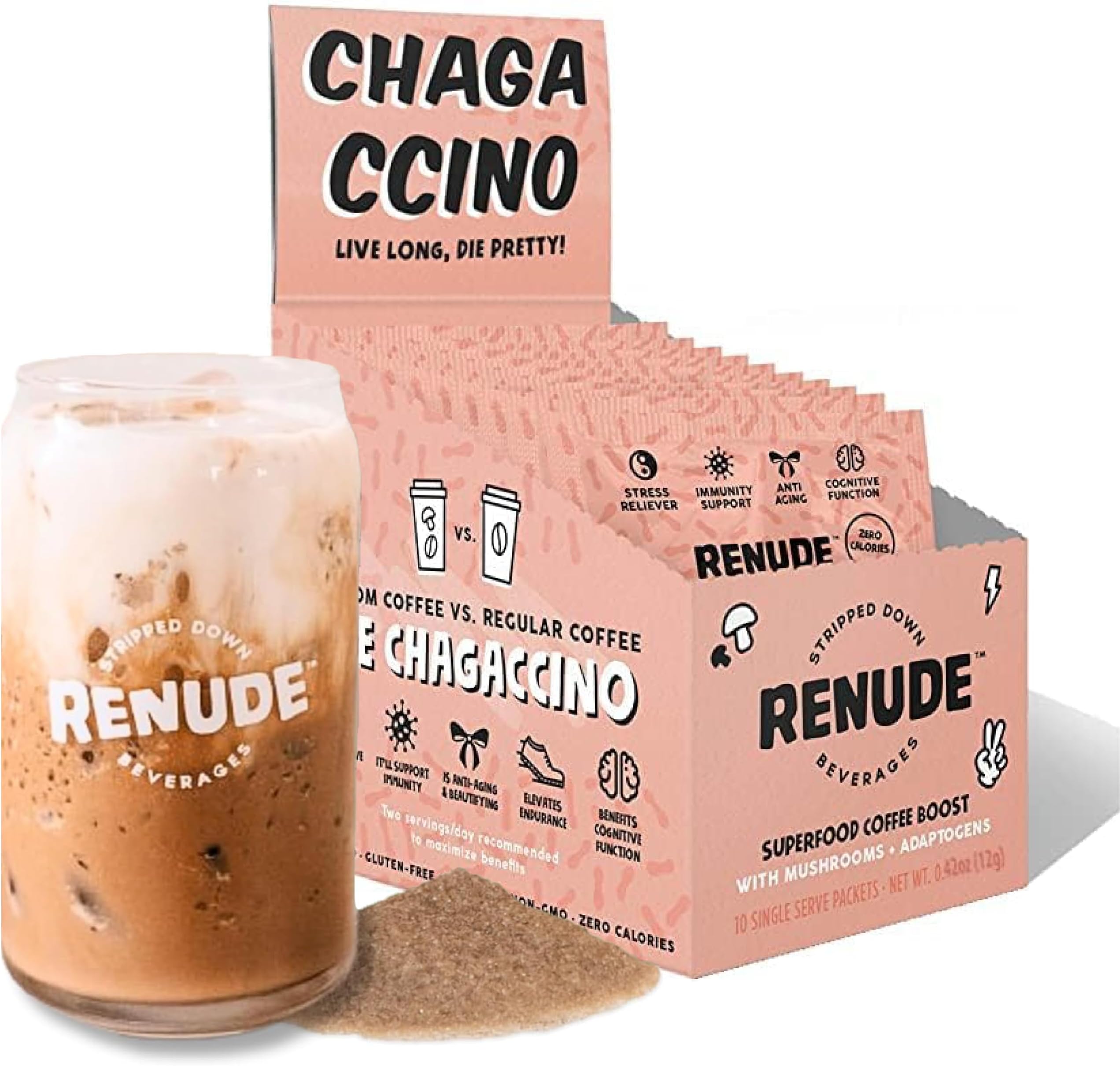 Chagaccino - Chaga Mushroom Powder, Mushroom Coffee Drink Mix with Adaptogens, Natural Energy and Immune Support, Vegan, Keto, Zero Calorie Mushroom Blend Powder - 10 Servings