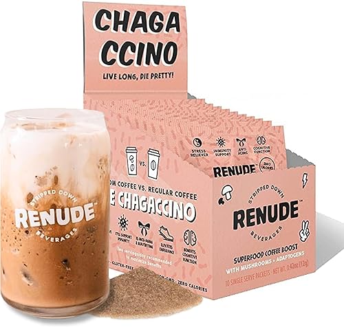 Renude Chagaccino - Polvo potenciador de café de hongos y adaptógeno con chaga forrajada silvestre, cacao, canela de Ceilán y fruta del monje Apoyo