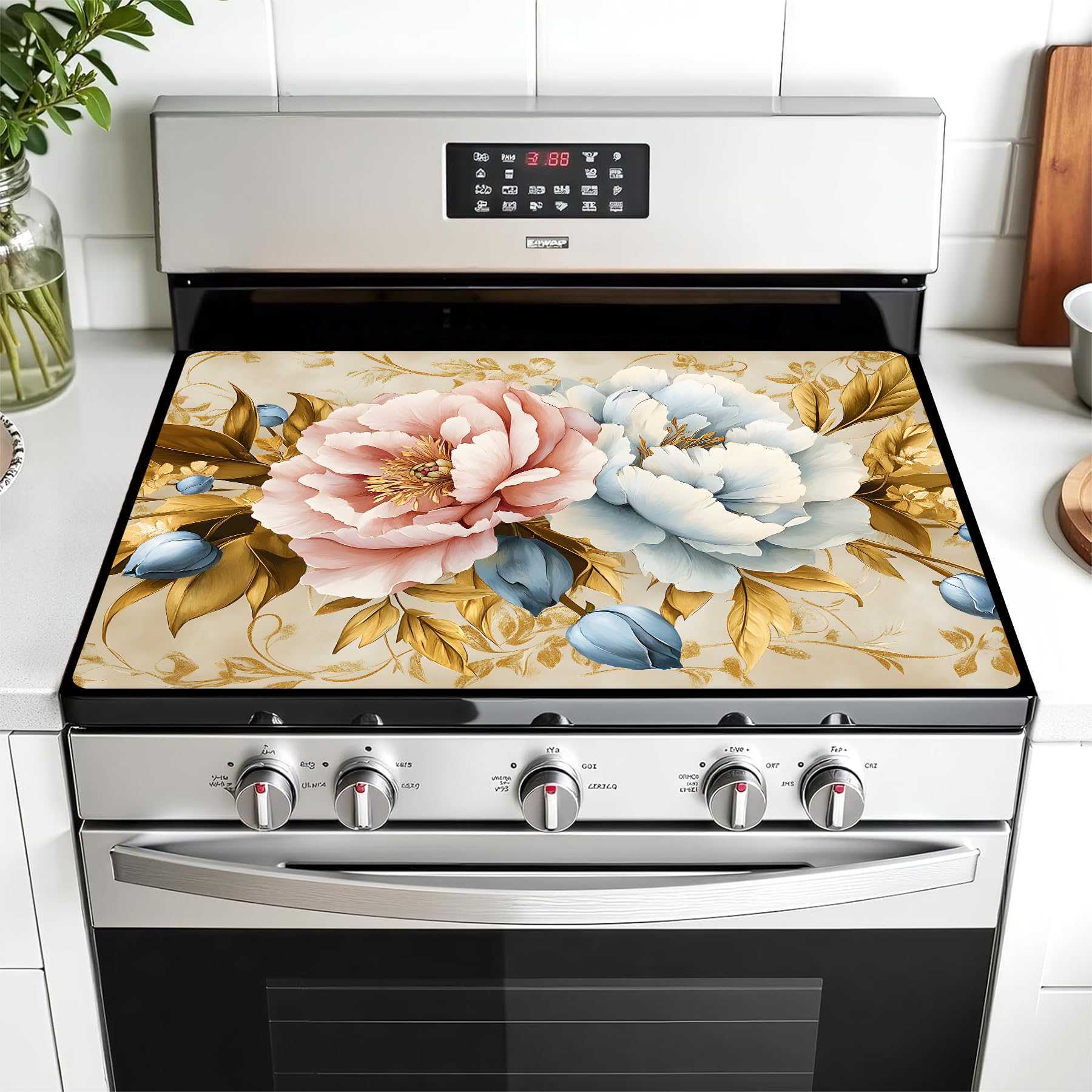Multi-Design Stove Top Cover for Glass/Electric Stoves - 3-in-1 Heat-Resistant Protector Mat, Non-Slip Drying Rack 28"x20" (Pink-White Peony)