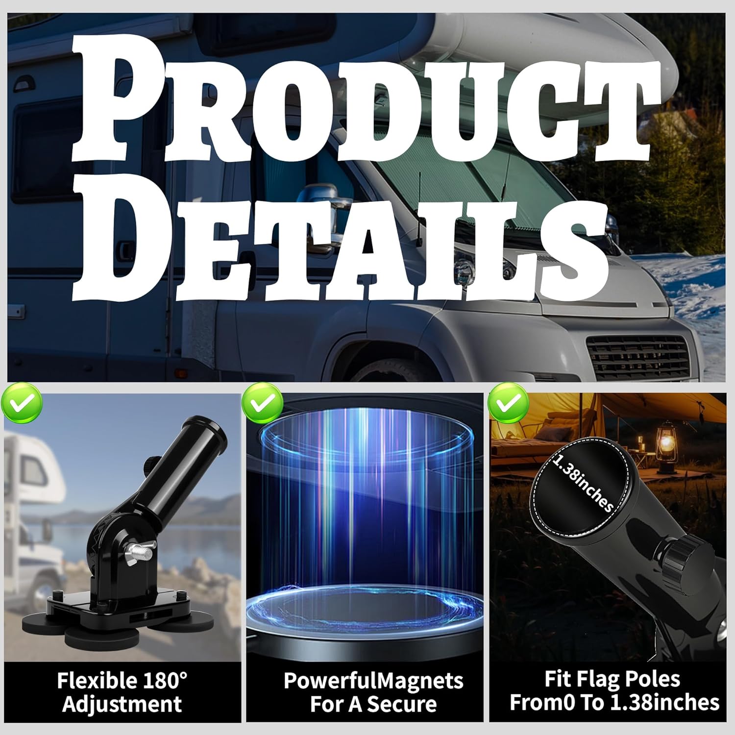 Magnetic RV Flag Pole Holder for 5th Wheel Hitch - Tool-Free Installation, 180° Adjustable Angle, Heavy-Duty & Weatherproof, Compatible with Camper, Trailer Adventures, Truck (1, Black) - Image 6