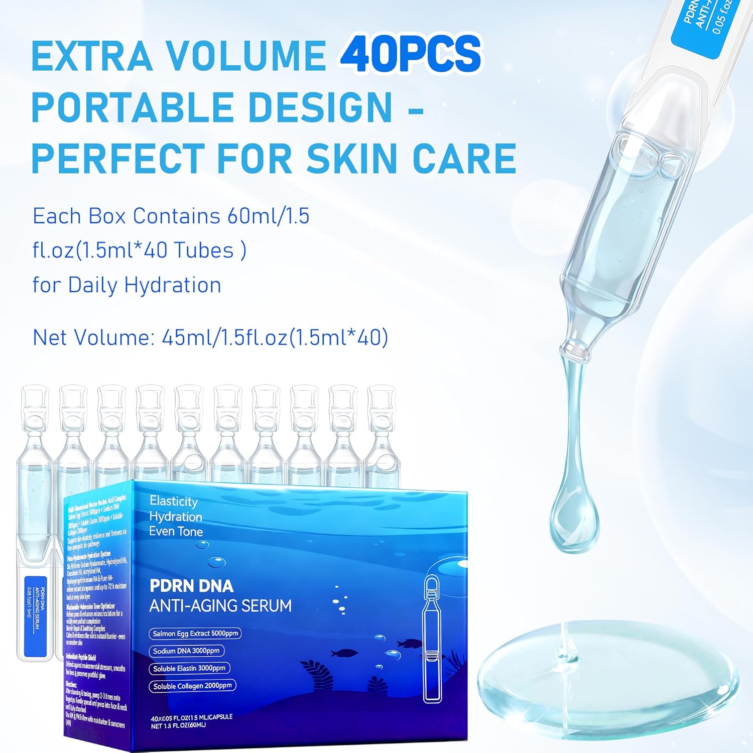 Salmon DNA PDRN Korean Collagen Hyaluronic Acid Ampoule, Anti-Aging Hydrating Serum with Glutathione, Niacinamide & 5000ppm Salmon Egg DNA, Firming Brightening Improves skin Radiance 0.05 fl.oz x 40e - Image 4