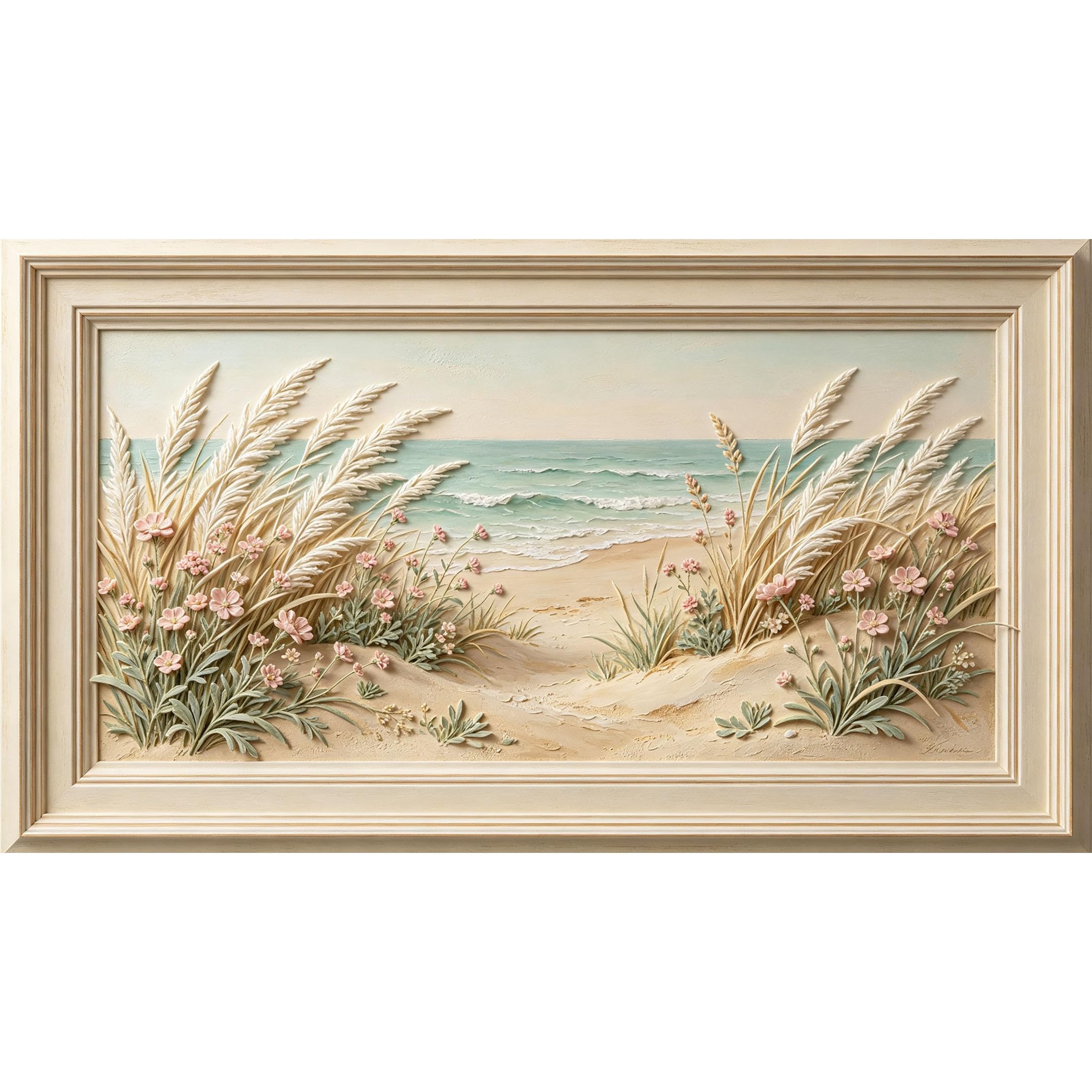 QZLITHOTIC 50×90cm3D Framed Wall Art， Coastal Beach Dune Wildflower Self?Adhesive Mural， Water?Activated Peel & Stick Fabric Decor Wall Decal for Bedroom Living Room