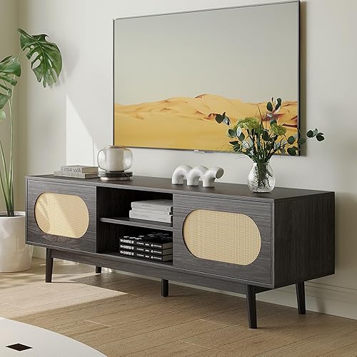 Miniatura 3 de VOWNER Soporte de TV de ratán rústico para TV de 556065 pulgadas, moderno centro de entretenimiento con puerta de ratán natural y 2 estantes
