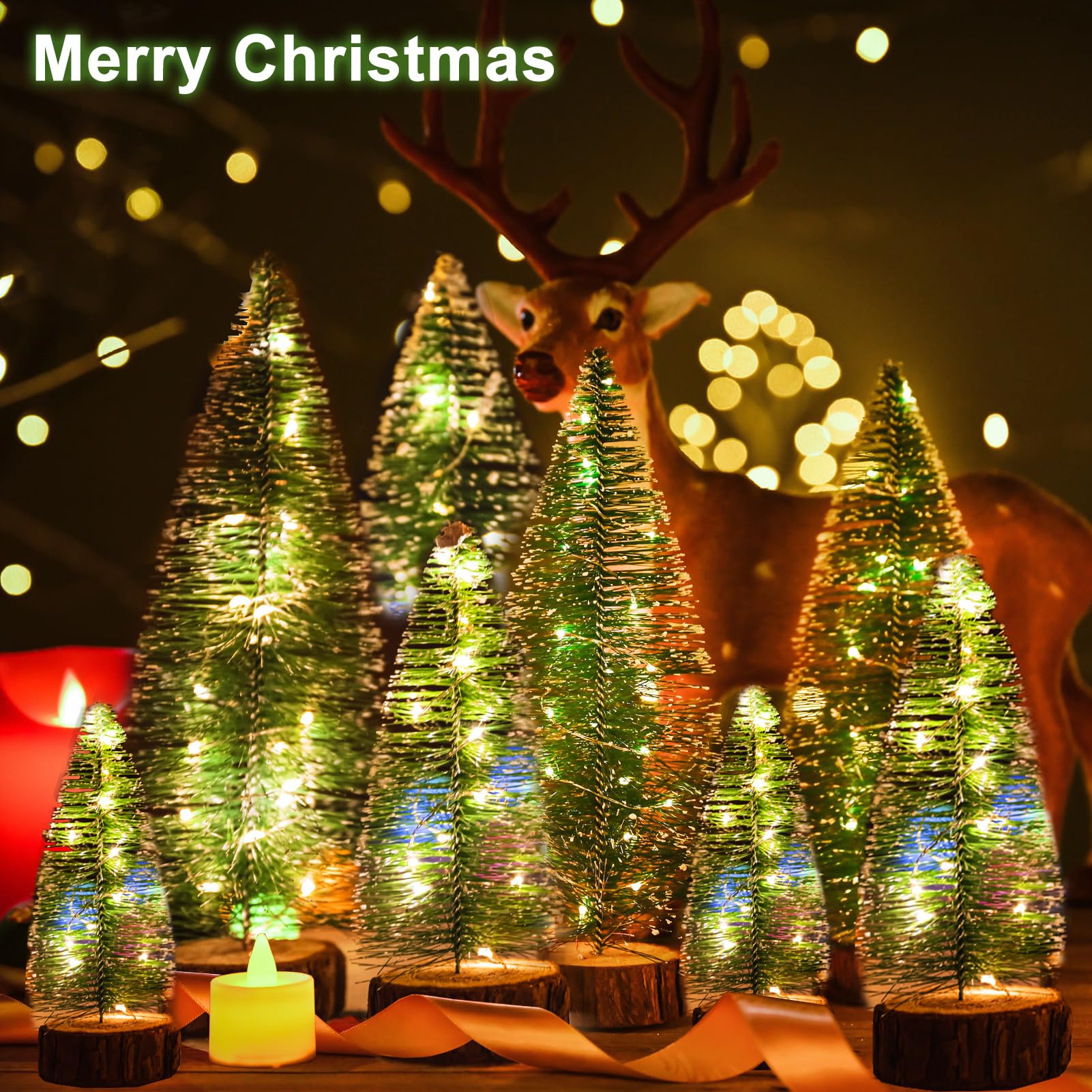 8 mini árboles de Navidad, 2 modos, árboles artificiales con temporizador, cadena de luces LED, pinos pequeños con base de madera para decoración del hogar (blanco cálido)