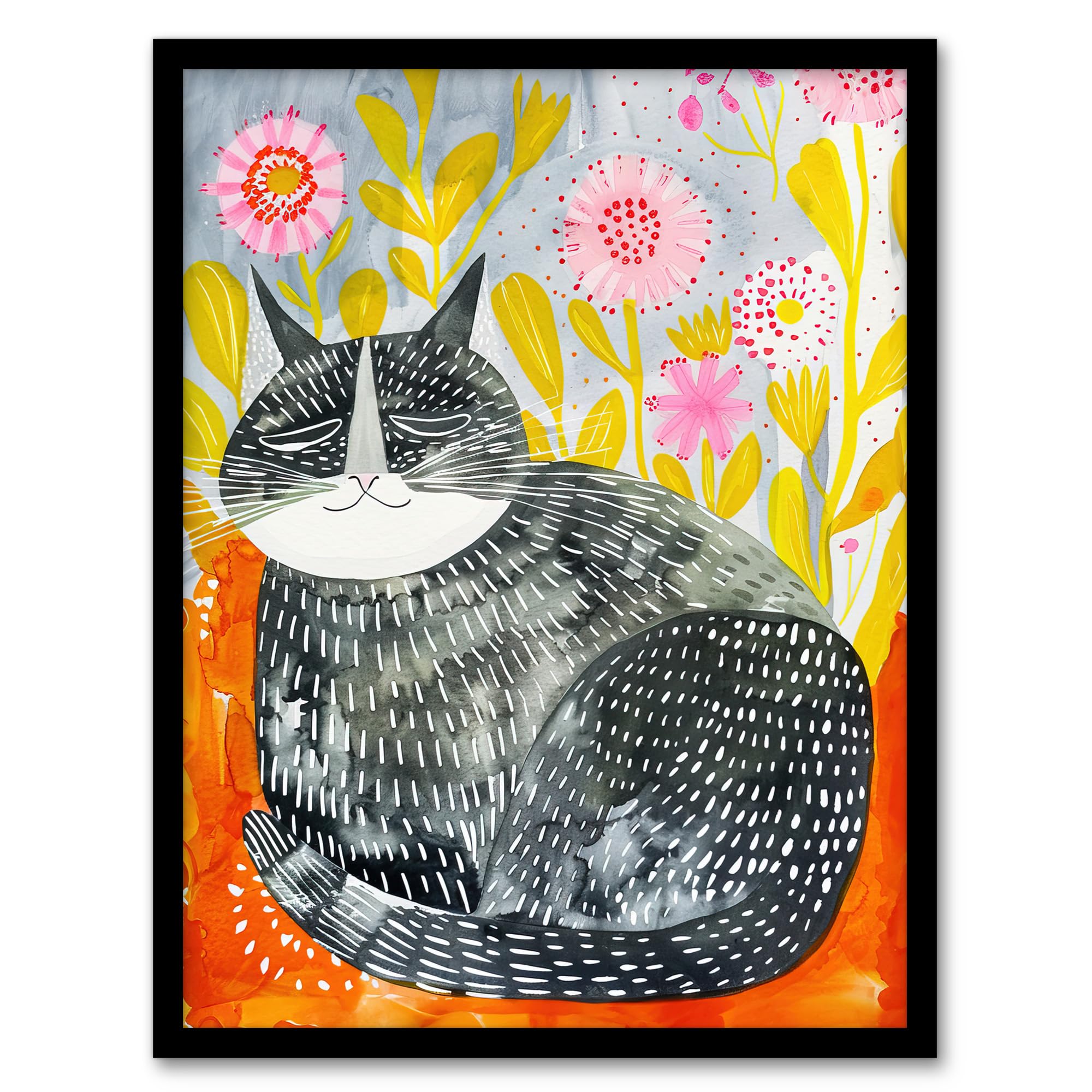 Artery8 Happy Maine With Flowers Cat Lover Folk Wall Art Wall Art PrintA4 Size from B&Q