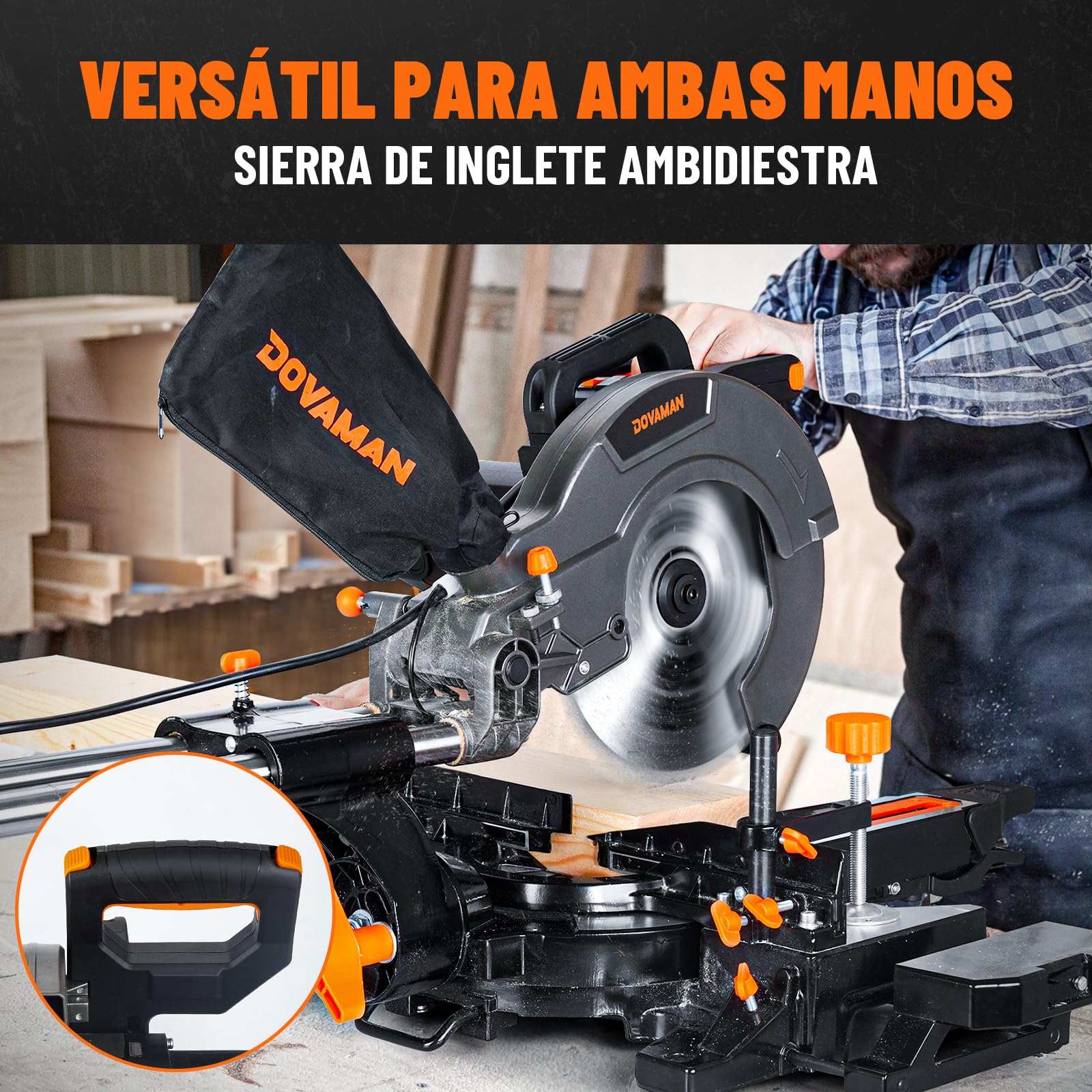 DOVAMAN DMS01A Sierra Ingletadora 2000W, 2 Velocidades 3200/5000 RPM, 3 Hojas TCT, Corte Máx 340x90mm, Inclinación 0–45°, Guía Láser, 9 Posiciones, Para Madera PVC Aluminio Metales Blandos