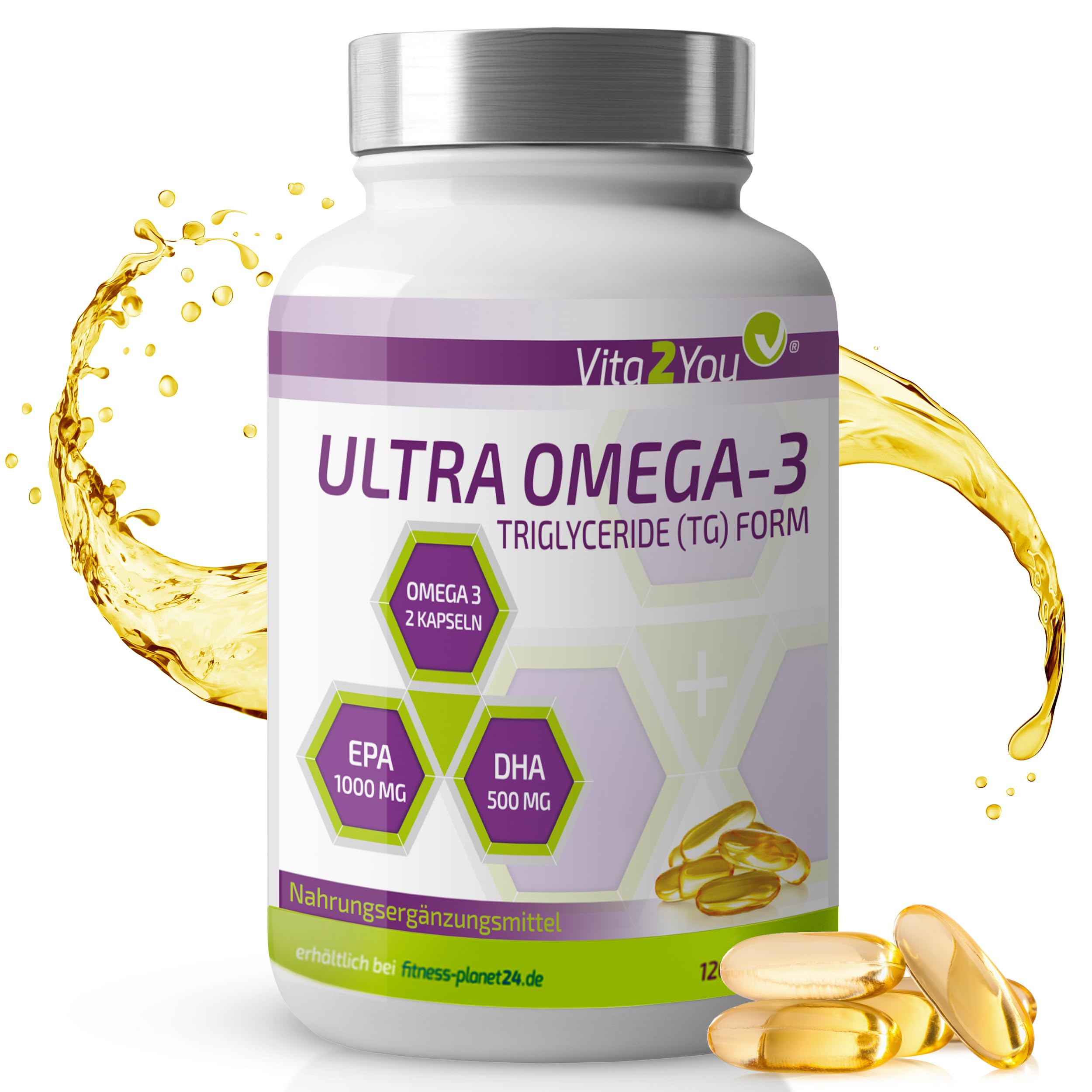 Vita2You Ultra Omega 3 Kapseln 2000mg TG Form - 1000mg EPA & 500mg DHA pro 2 Kapseln - 120 Softgel Kapseln - Fischöl - Hochdosiert - Premium Qualität