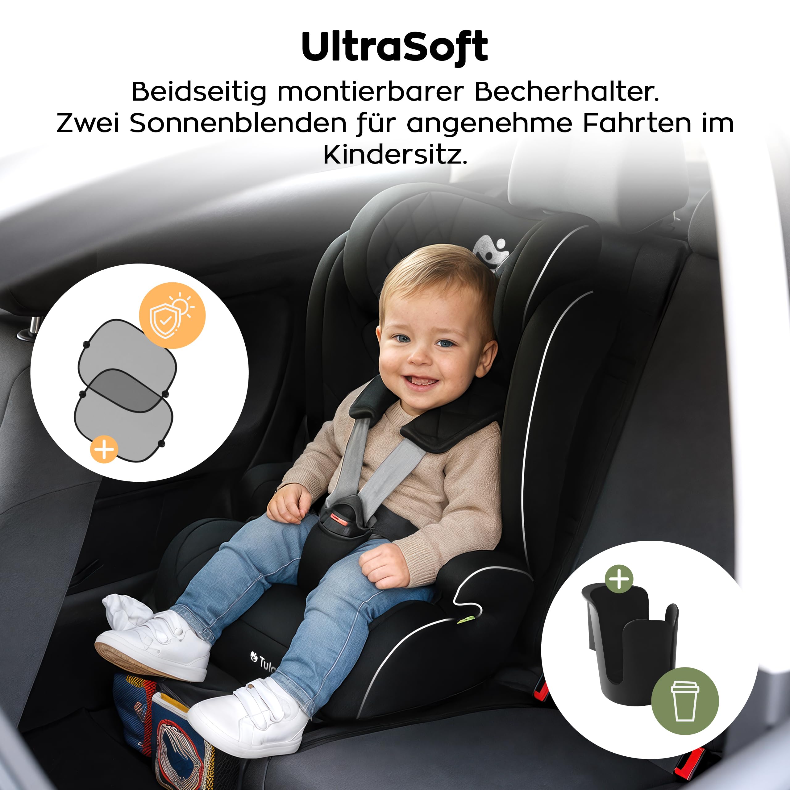 Tulano Zooma 25 Kindersitz 15-36 kg, Autositz für Kinder 76-150 cm, Grau | ohne ISOFIX - ergonomisch mit verstellbarem - Kopfteil und waschbarem Bezug - komfortable Polsterung für sicheres Reisen