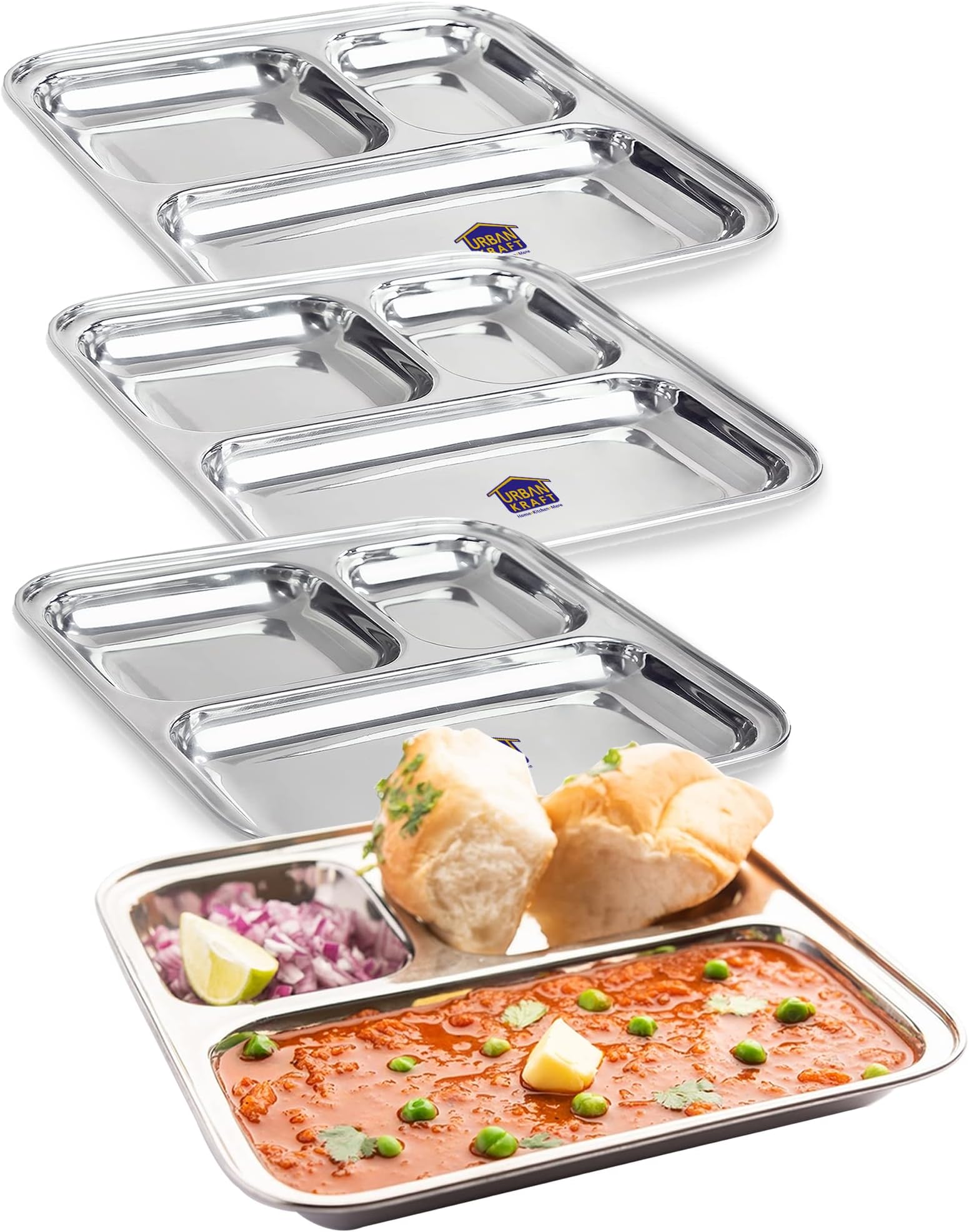URBAN KRAFT 3In1 Stainless Steel Plates with Compartments/Tiffin Plates/Pav Bhaji Plates/Partition Plates/Breakfast Plates/Steel Plates for Lunch/Dinner/Kids Plate (Extra DEEP) (Pack of 4)