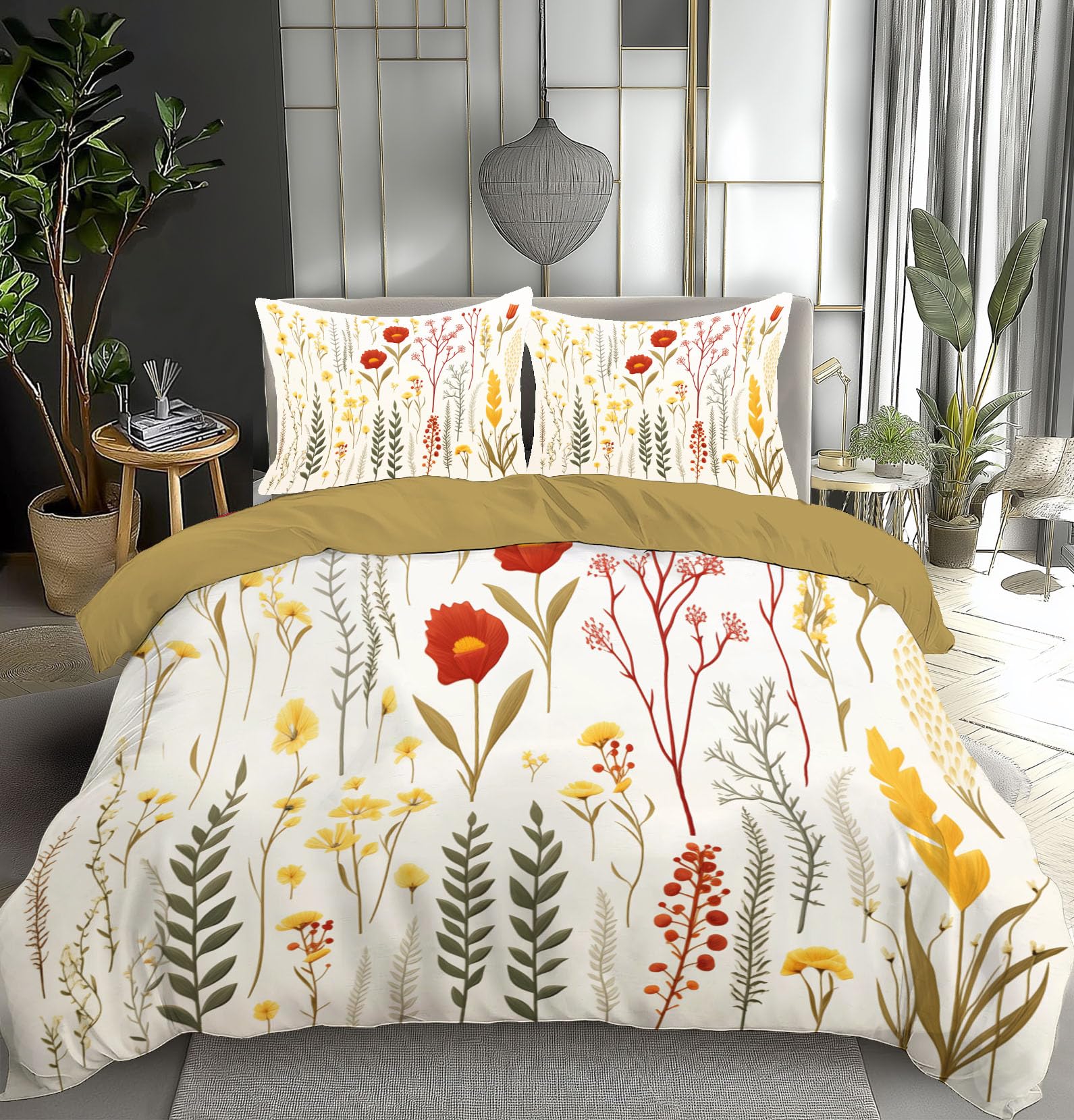 Linge de lit imprimé fleurs sauvages chic avec housse de couette zippée 200x200 blanc cassé