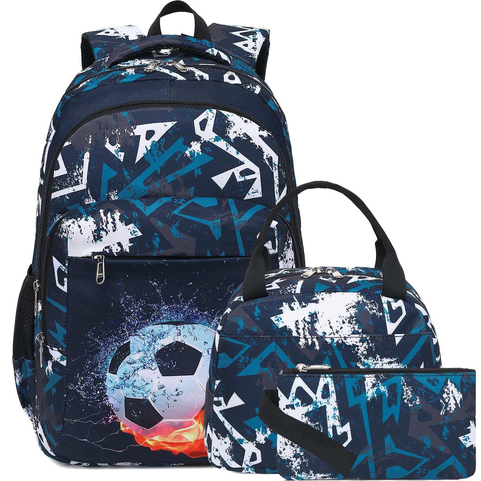 LEDAOU Mochila escolar para jóvenes y adolescentes, para niñas, para el tiempo libre, Fútbol - Graffiti Azul