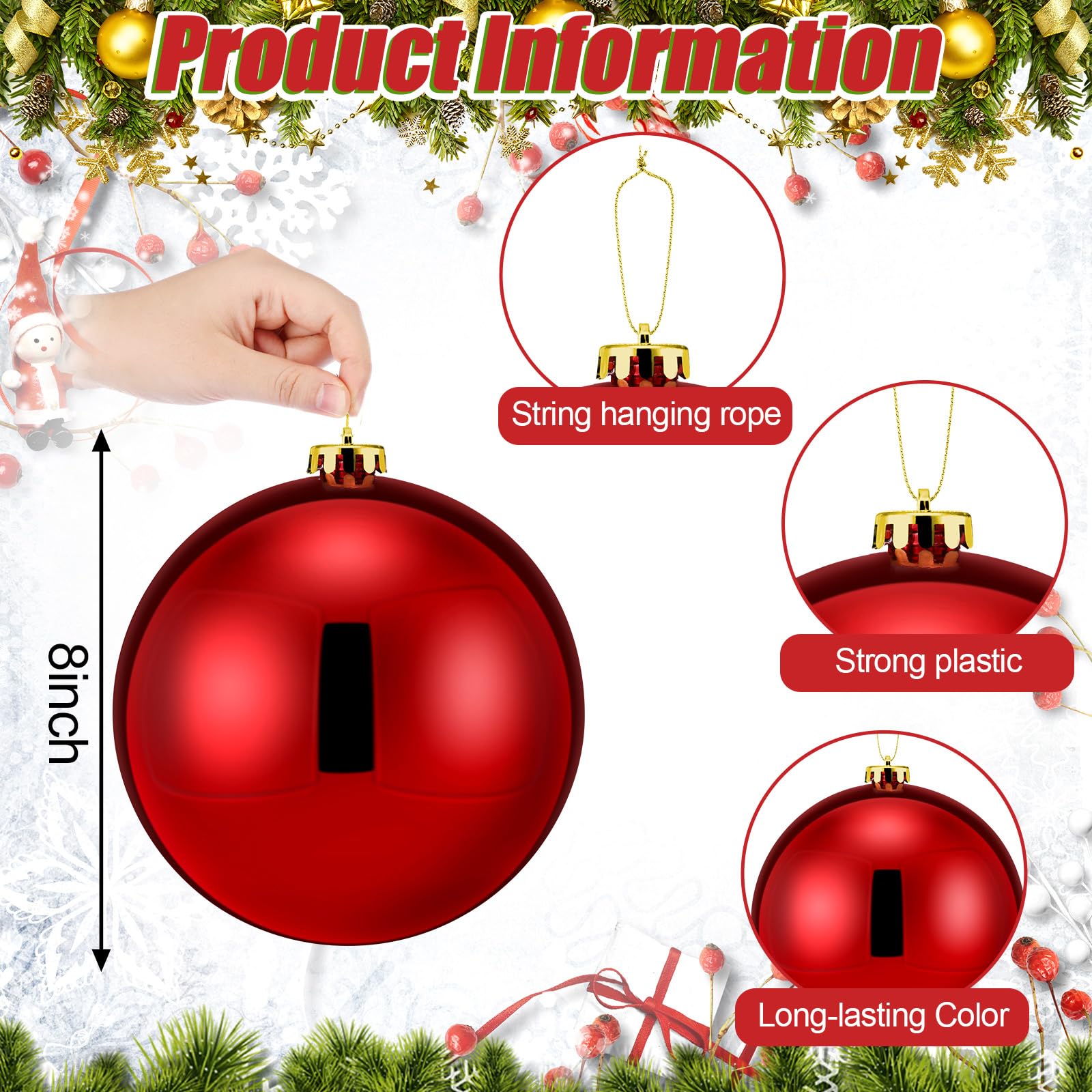 Wettarn Extra große Weihnachtskugel-Ornamente, 200 mm, übergroße, bruchsichere Kunststoff-Weihnachtskugel, hängende Dekorationen für Urlaub, Weihnachtsbaum, Outdoor-Party-Dekorationen, Rot, 6 Stück
