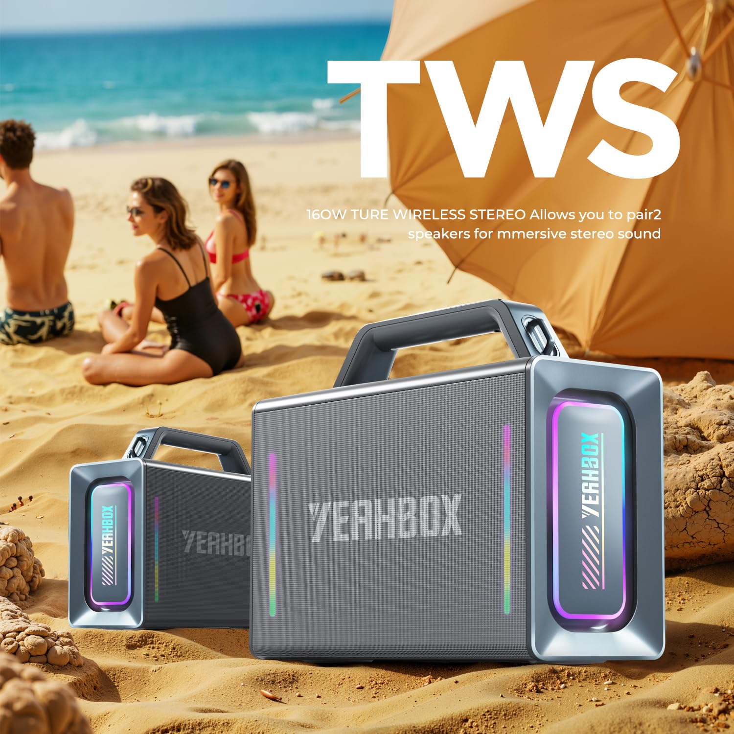 YEAHBOX Thunder 500 Enceinte Bluetooth Karaoké avec 2 Micros sans Fil, 200W Max, Batterie 20000mAh, IP66 Étanche, TWS Stéréo, Table de Mixage DSP, Lumières RGB, Enceinte Portable pour Soirées