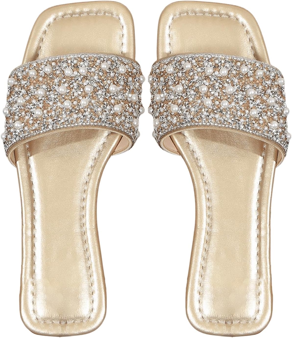 GORGLITTER Women's Pearl Gold Sandals Rhinestone Boho Dressy Wedding Cute Square Open Toe Slides Shoes 2025