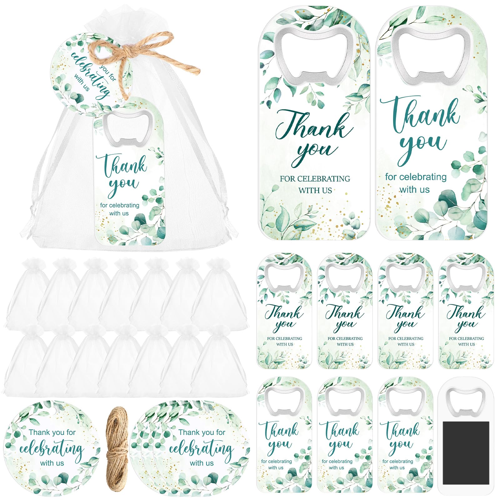 Singhoow 24 Sets Wedding Magnetic Bottle Openers Bulk Eucalyptus Bridal Shower Favors Handheld Thank You Bottle Opener Gifts for Guest with Tags Drawstring Bag for Wedding Baby Shower Souvenir