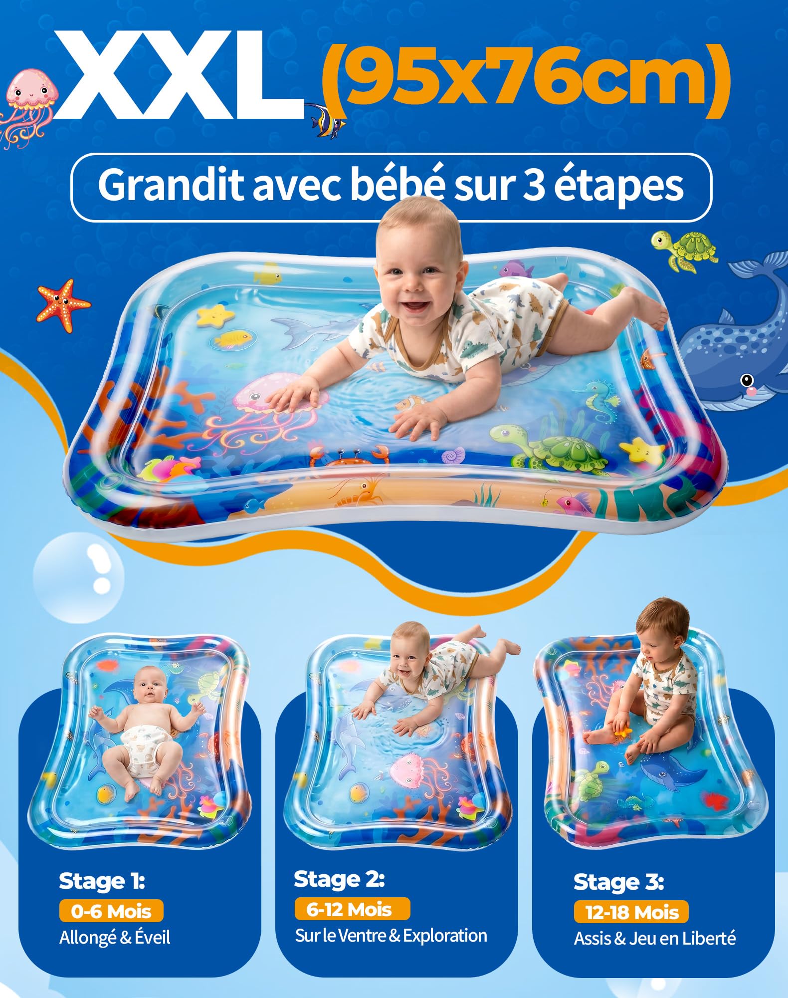 Grand Tapis d'eau Bébé 95x76cm Gonflable Tummy Time Tapis Eau Bebe Eveil Tapis Sensoriel Bébé Tapis Poisson pour Bébés et Tout-petits Cadeau Bebe Jouet Bebe 3 6 9 12 Mois