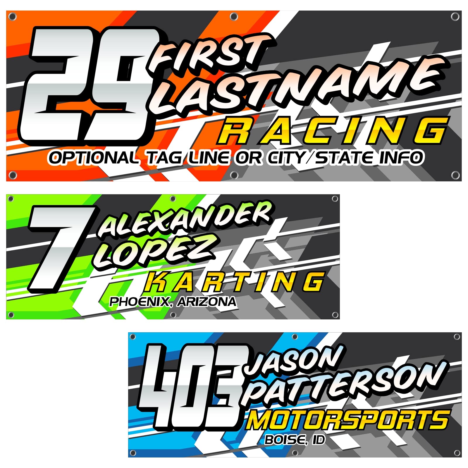 MxNumbers - Custom Your Name Racing Banner | Personalized Banner With Your Custom Text, Number, Color & Size | For the Pit, Garage, or Business